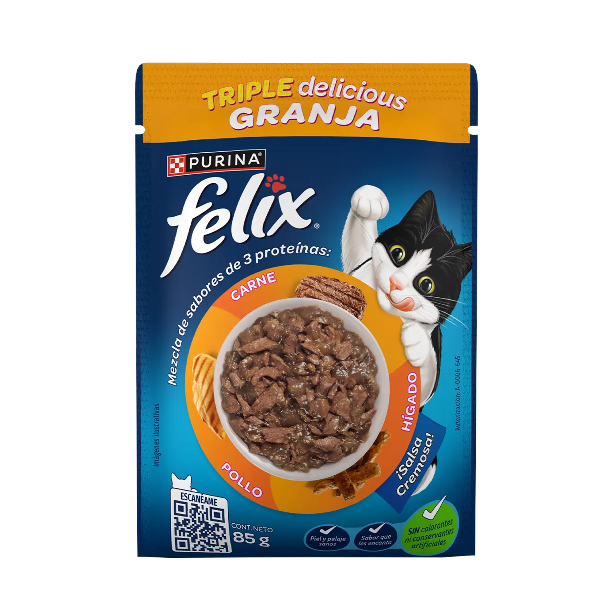 Empaque de Felix Alimento Húmedo Para Gatos Adultos Triple Delicious Granja Sabor Carne, Pollo e Hígado, vista frontal