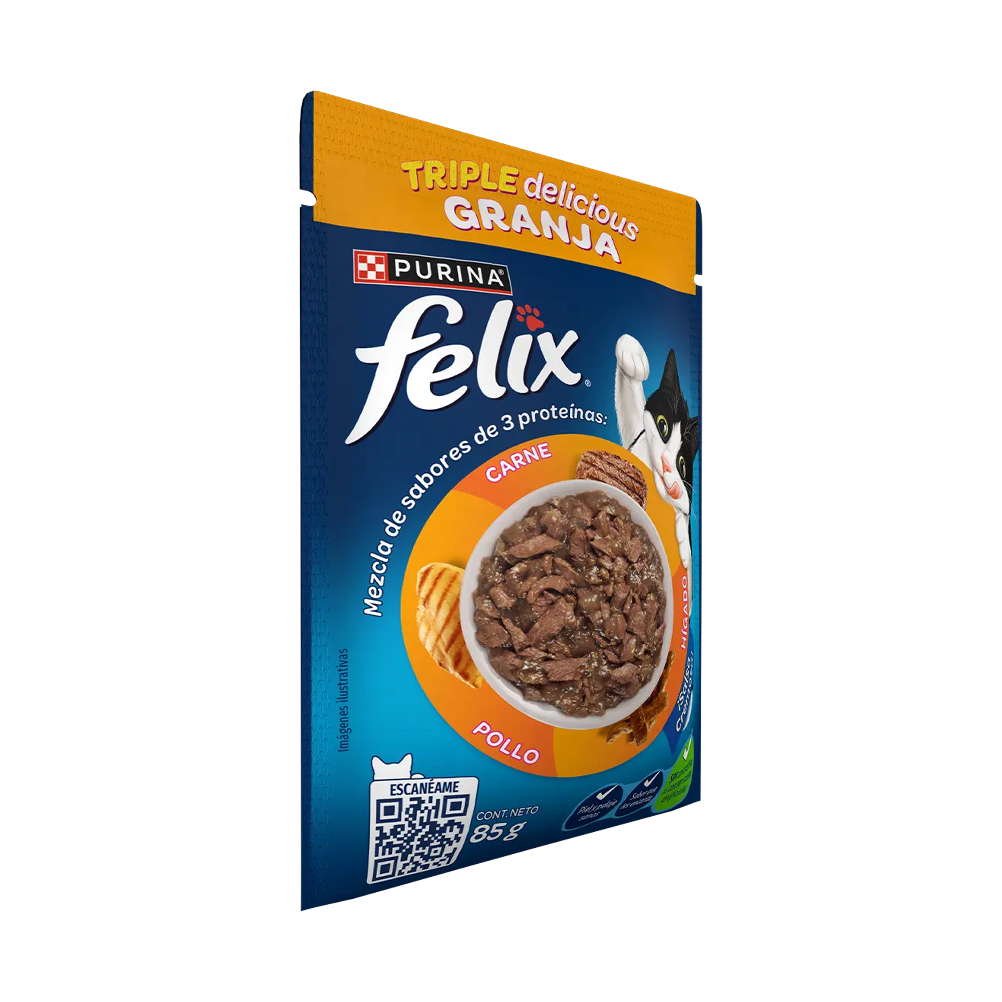 Empaque de Felix Alimento Húmedo Para Gatos Adultos Triple Delicious Granja Sabor Carne, Pollo e Hígado, vista lateral