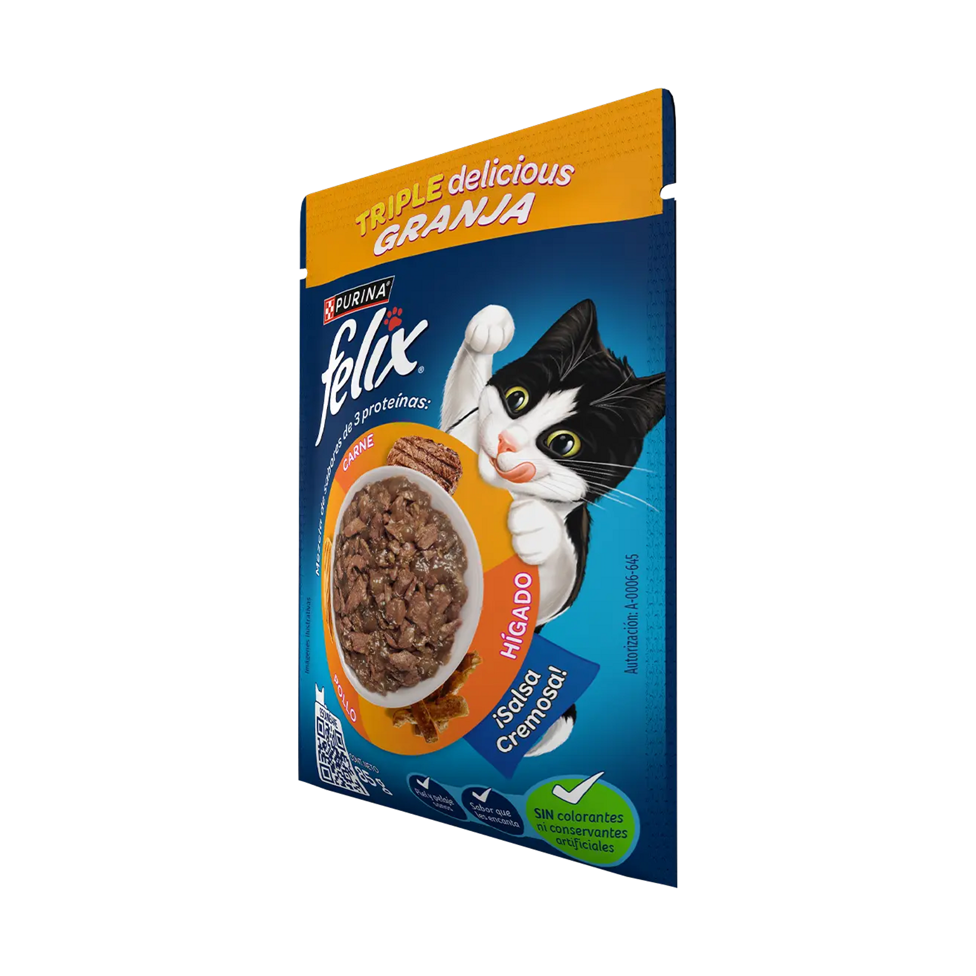 Empaque de Felix Alimento Húmedo Para Gatos Adultos Triple Delicious Granja Sabor Carne, Pollo e Hígado, vista lateral