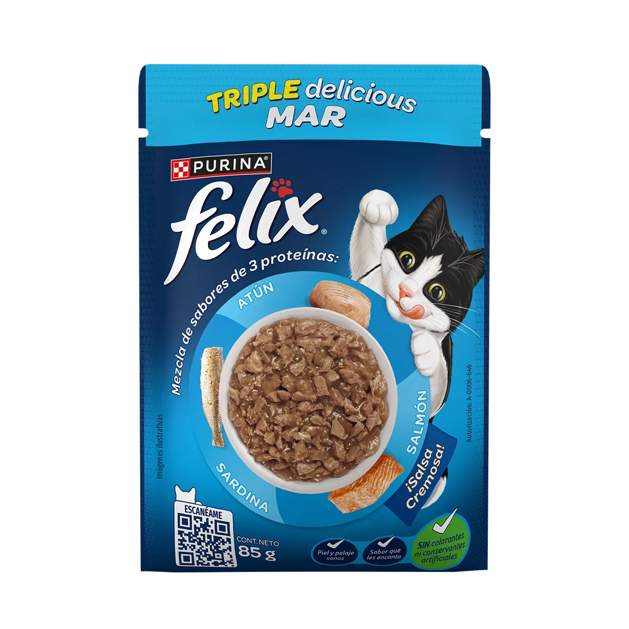 Empaque de Felix Alimento Húmedo Para Gatos Adultos Triple Delicious Mar Sabor Atún, Sardina y Salmón, vista frontal