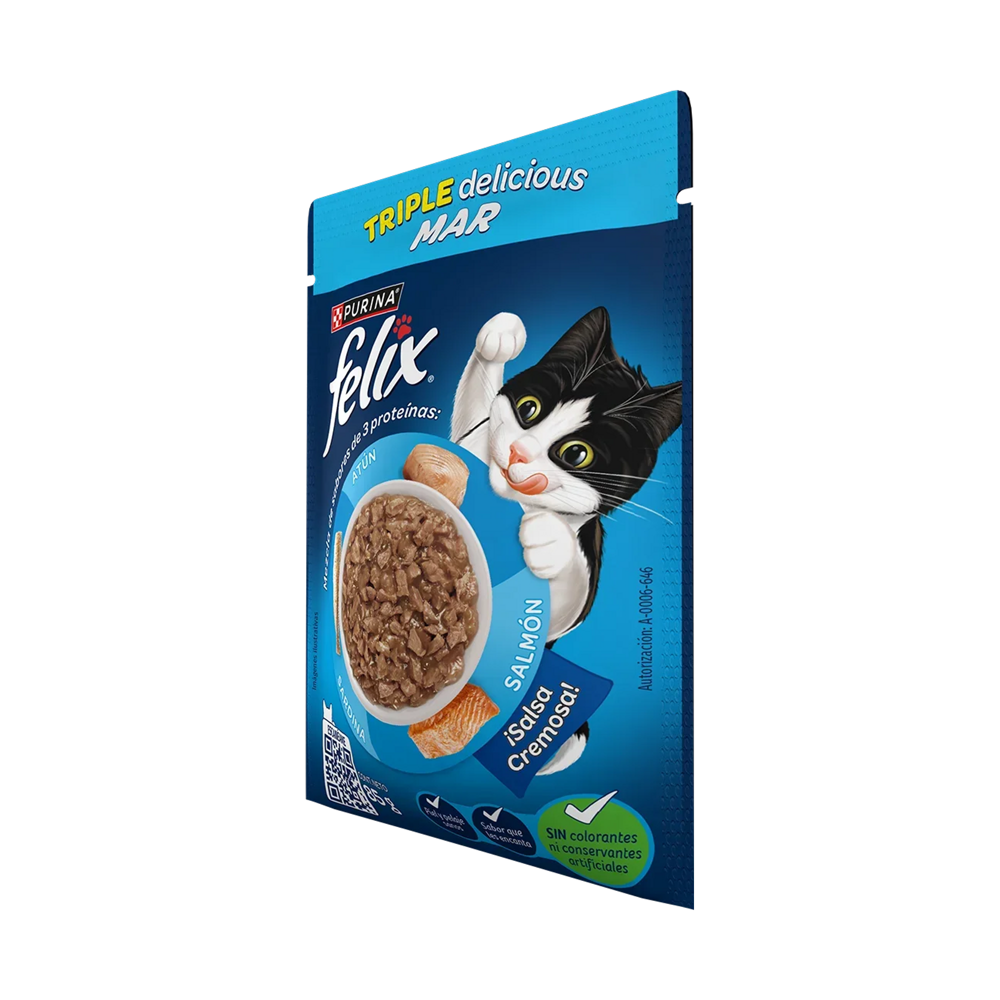 Empaque de Felix Alimento Húmedo Para Gatos Adultos Triple Delicious Mar Sabor Atún, Sardina y Salmón, vista lateral