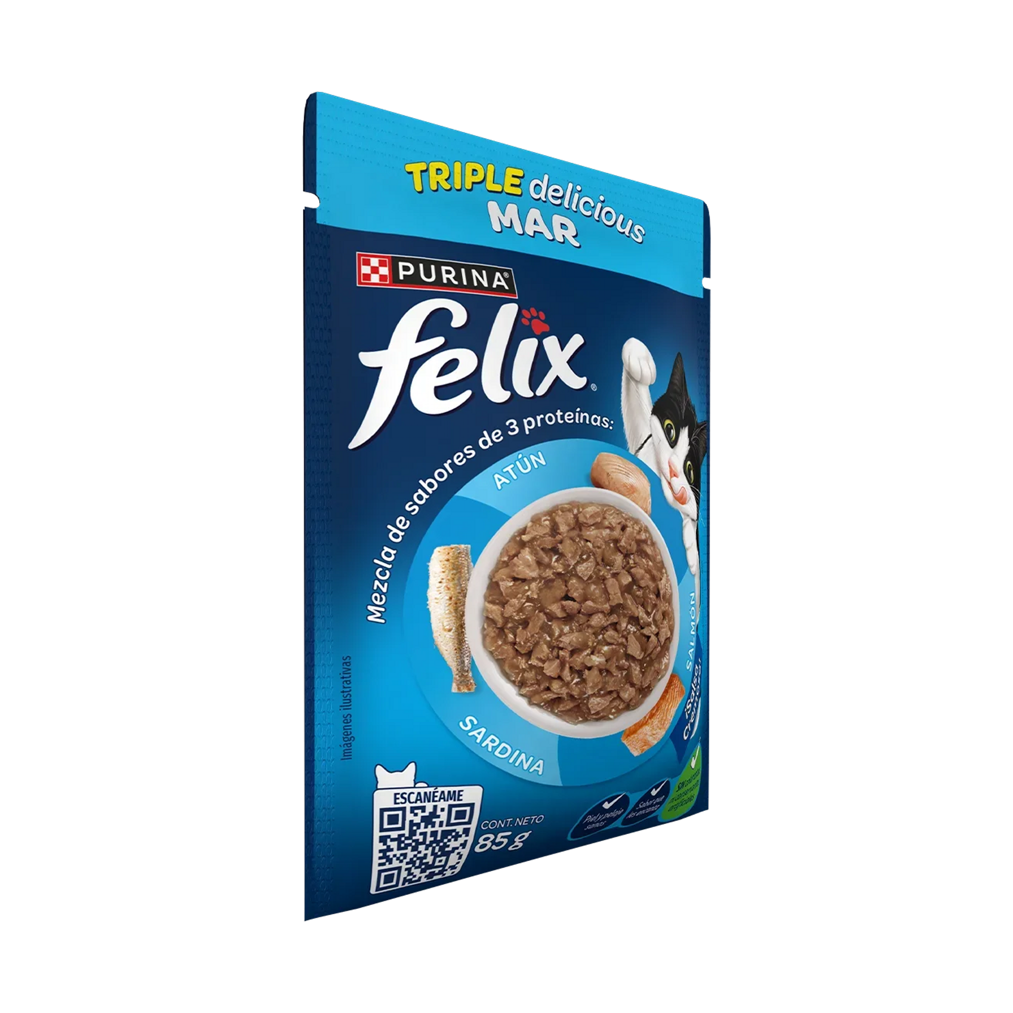 Empaque de Felix Alimento Húmedo Para Gatos Adultos Triple Delicious Mar Sabor Atún, Sardina y Salmón, vista lateral