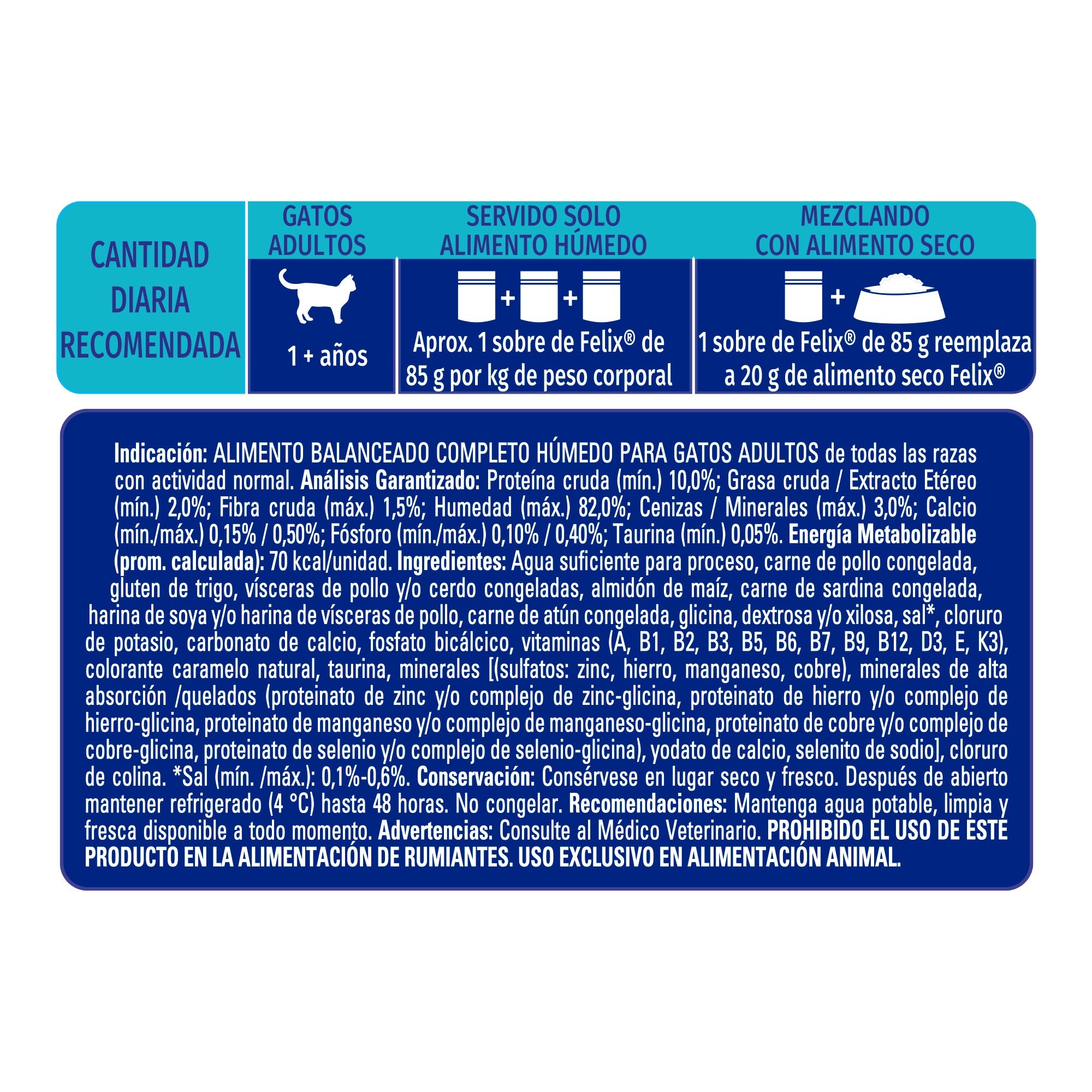 Cantidad diaria recomendada e información nutricional de Felix® Classic para gato sabor atún