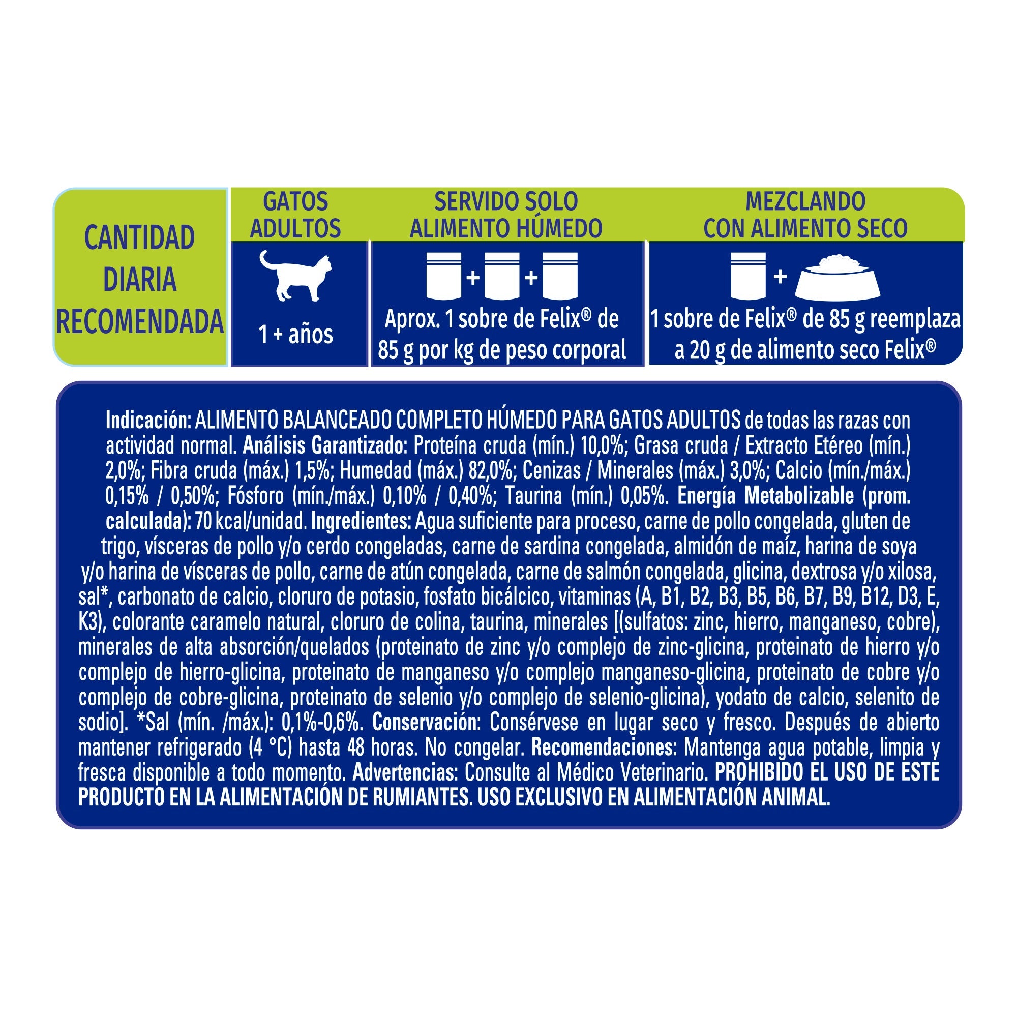 Cantidad diaria recomendada e información nutricional de Felix® Classic para gato sabor atún, salmón y sardina