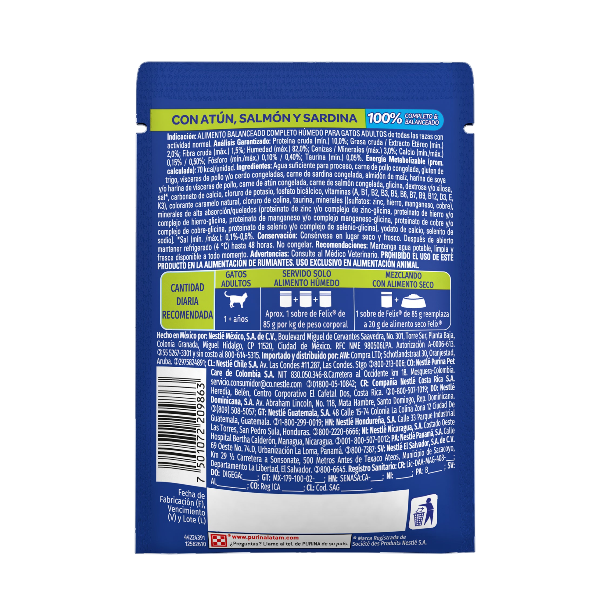 Empaque de Felix® Classic para gato sabor atún, salmón y sardina, vista posterior