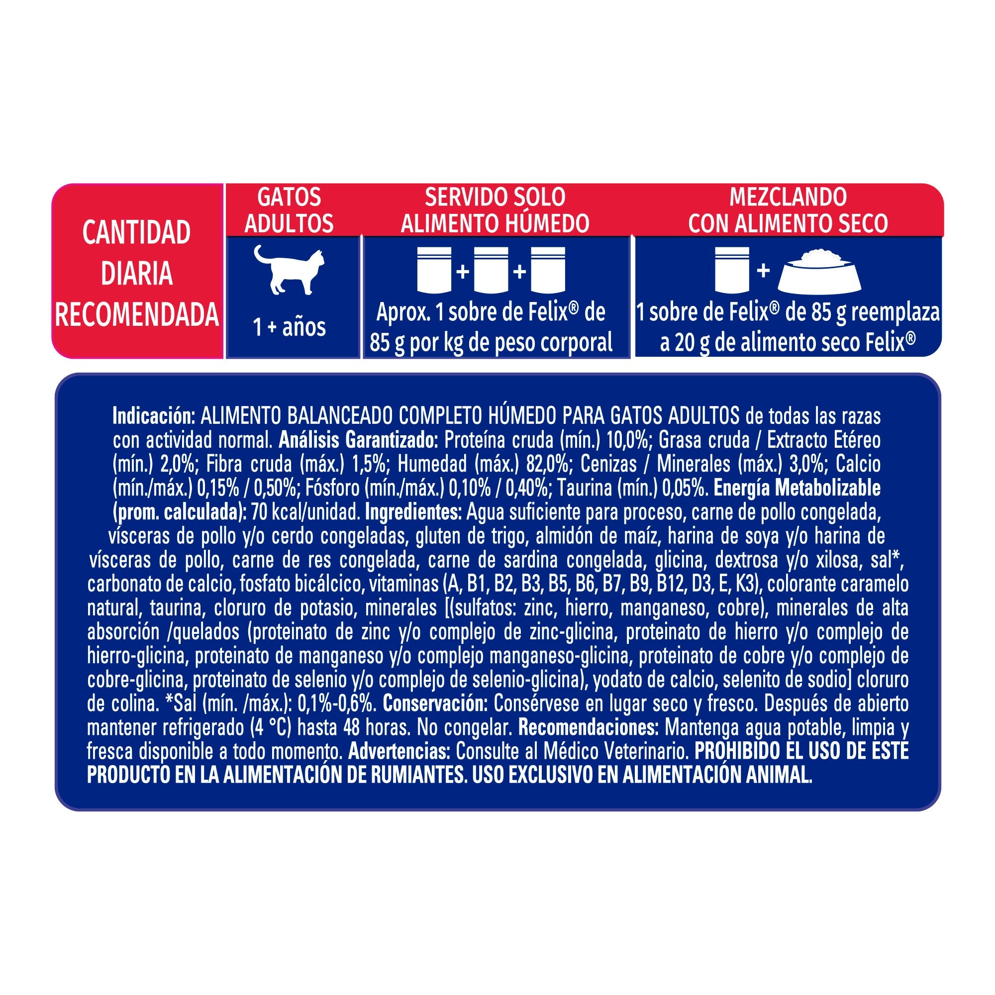 Cantidad diaria recomendada e información nutricional de Felix® Classic para gato sabor carne