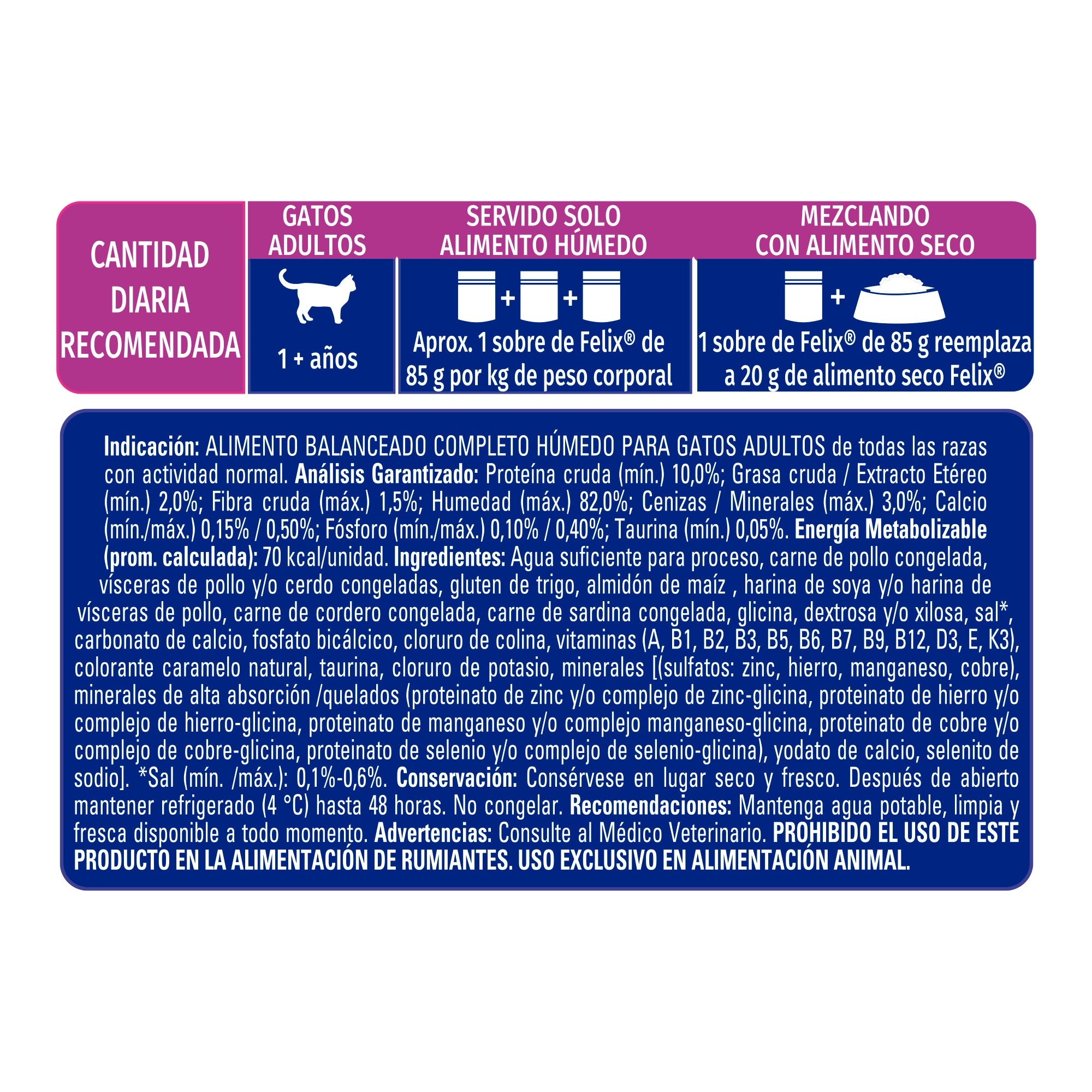 Cantidad diaria recomendada e información nutricional de Felix® Classic para gato sabor cordero
