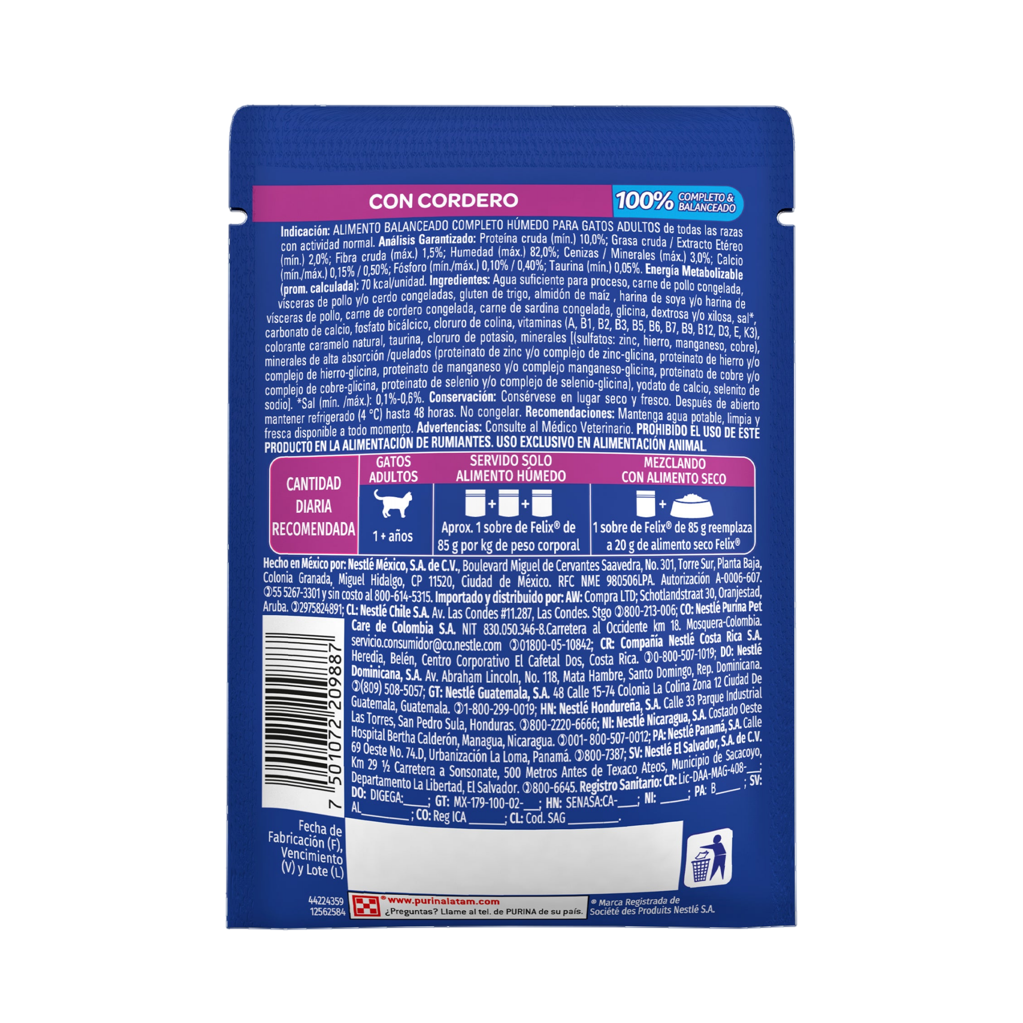Empaque de Felix® Classic para gato sabor cordero, vista posterior
