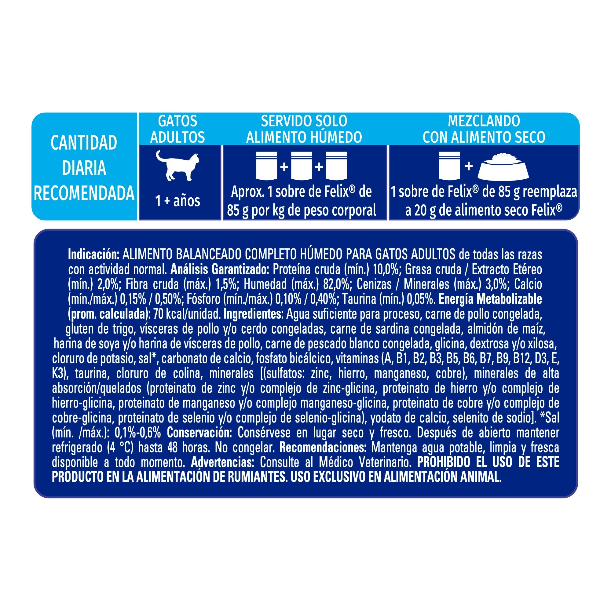Cantidad diaria recomendada e información nutricional de Felix® Classic para gato sabor pescado blanco
