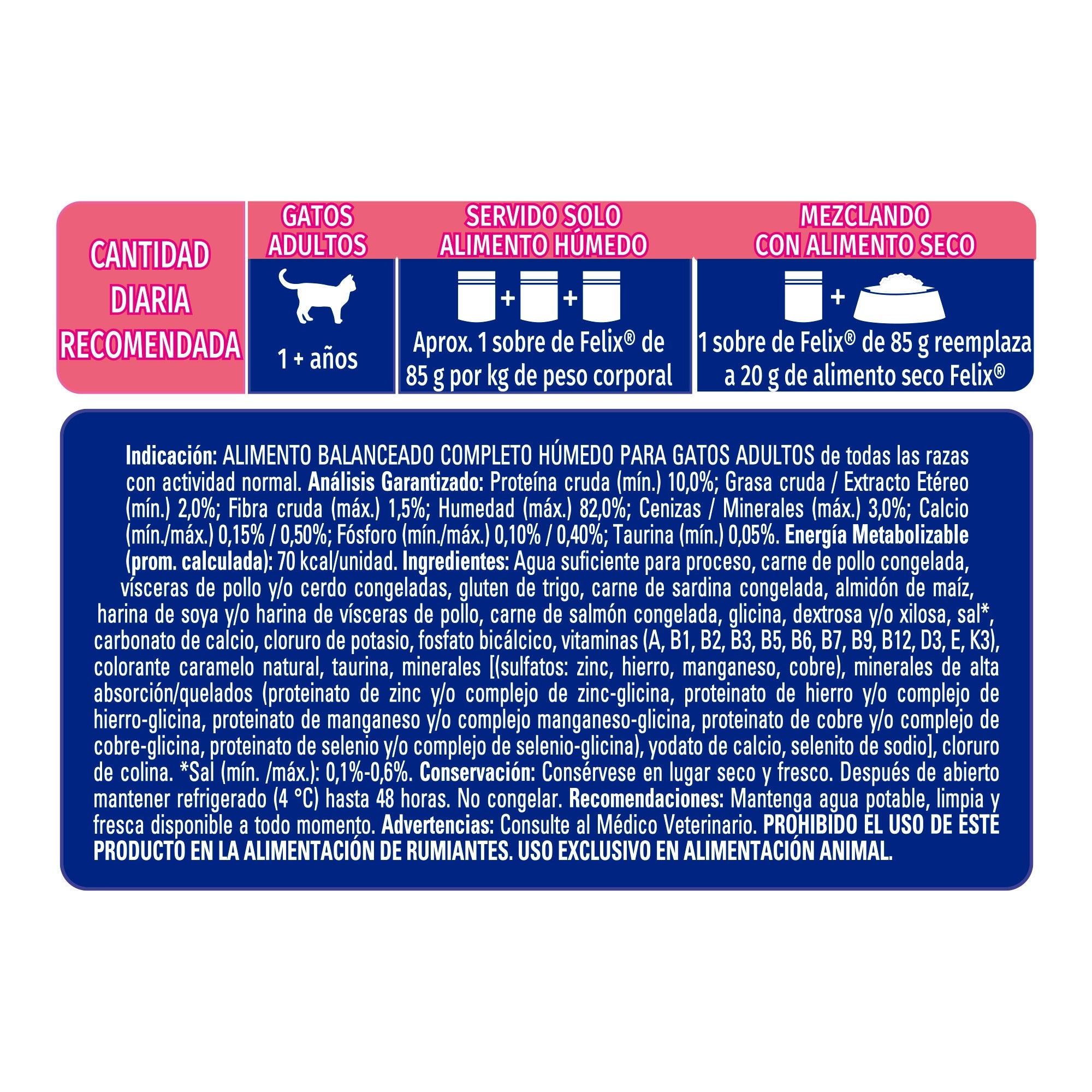 Cantidad diaria recomendada e información nutricional de Felix® Classic para gato sabor salmón