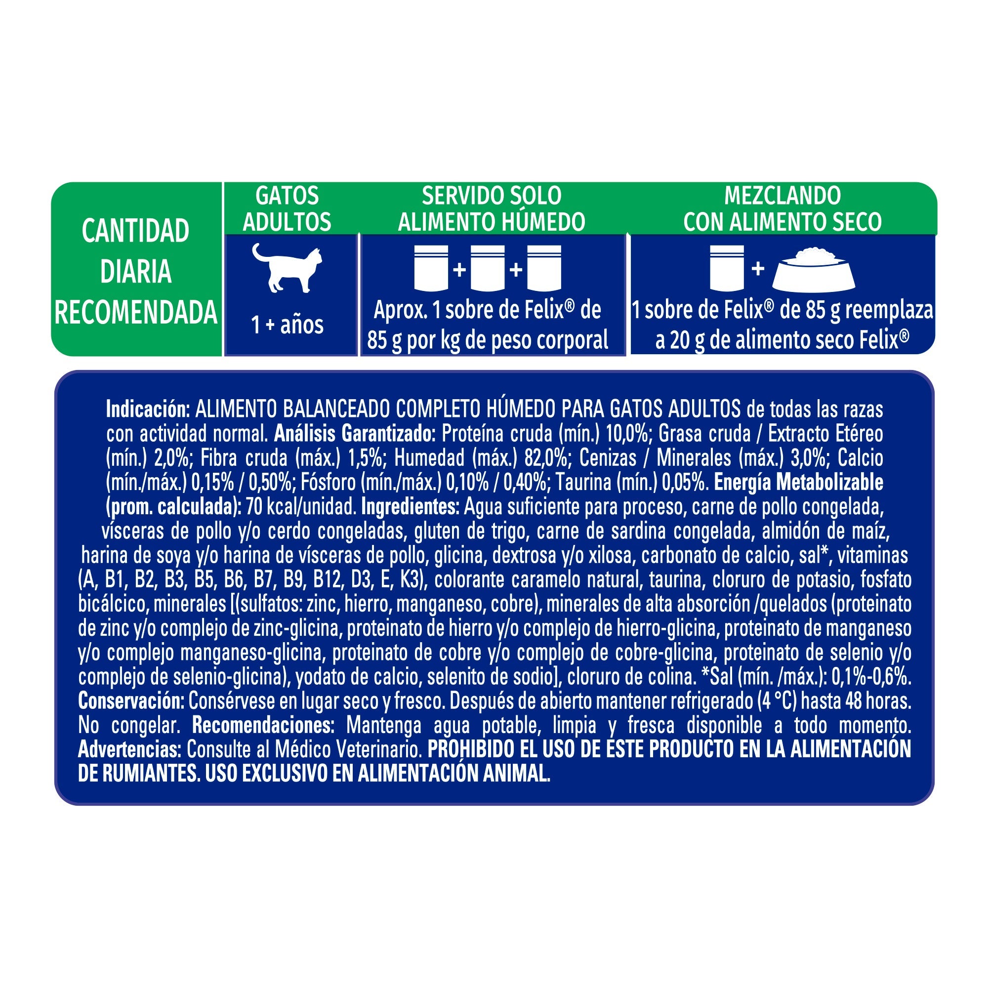 Cantidad diaria recomendada e información nutricional de Felix® Classic para gato sabor Sardina