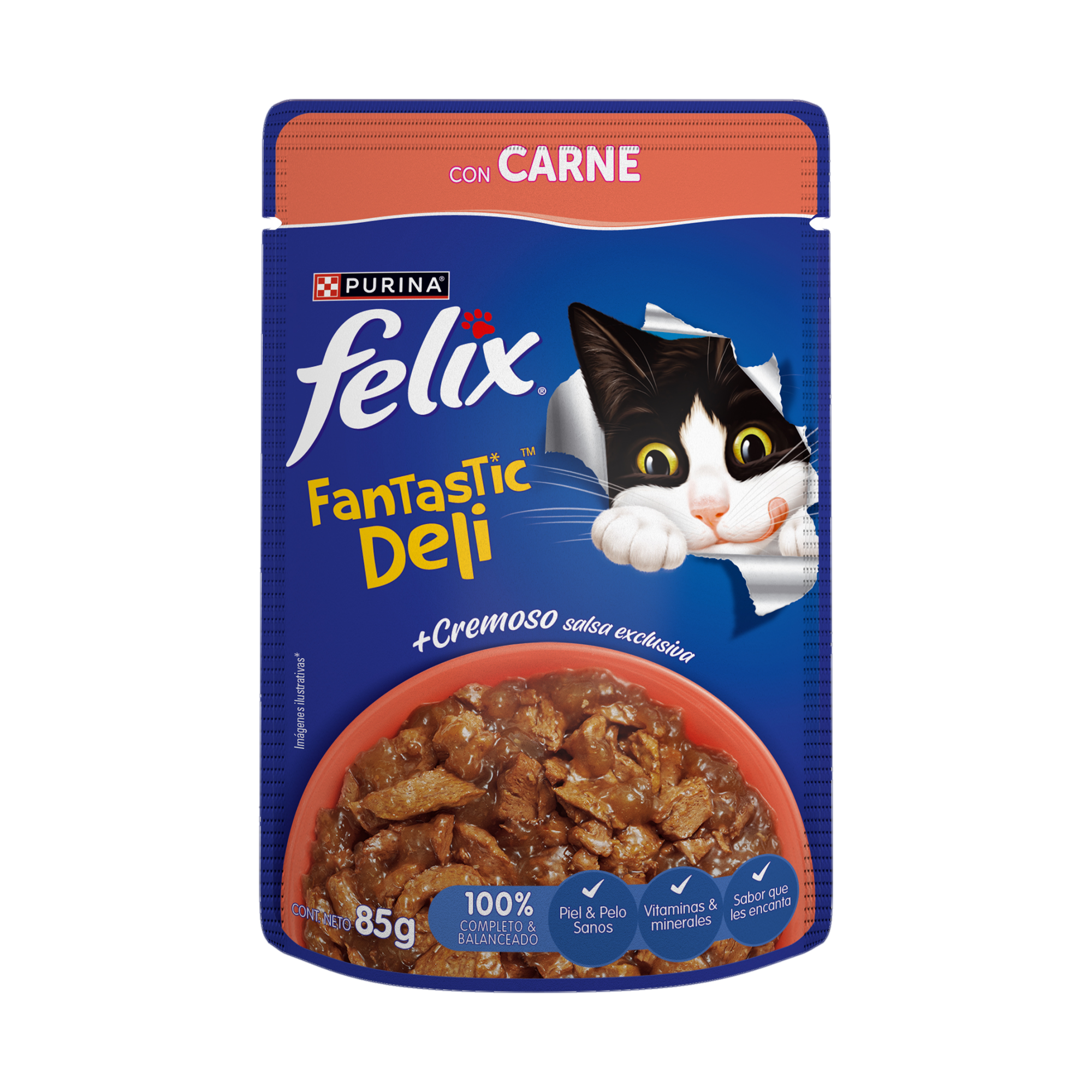 Empaque de Felix® Fantastic Deli sabor carne para gatos, vista frontal