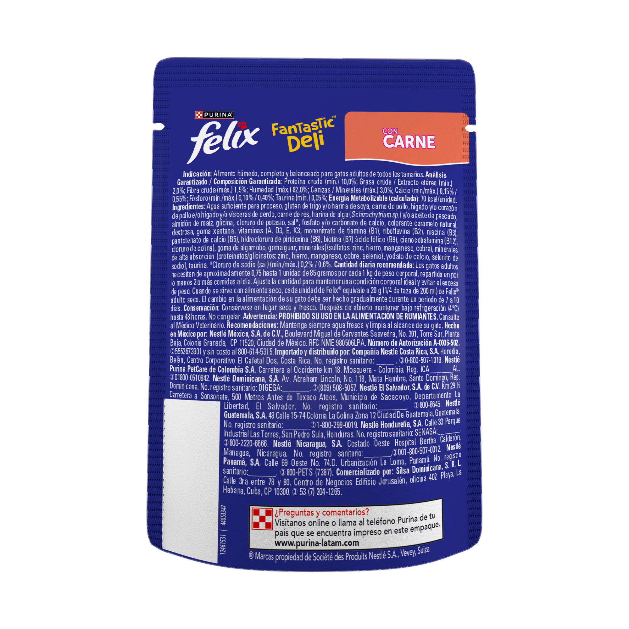 Empaque de Felix® Fantastic Deli sabor carne para gatos, vista posterior