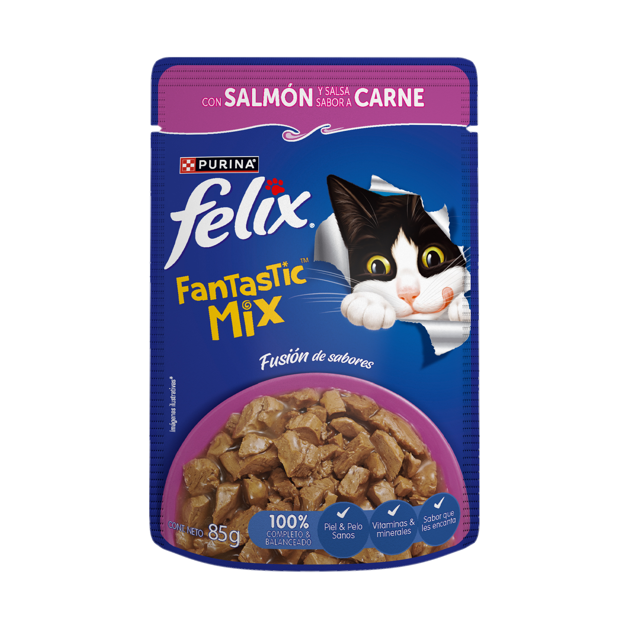 Empaque de Felix® Fantastic Mix con salmón y salsa sabor carne para gatos, vista frontal