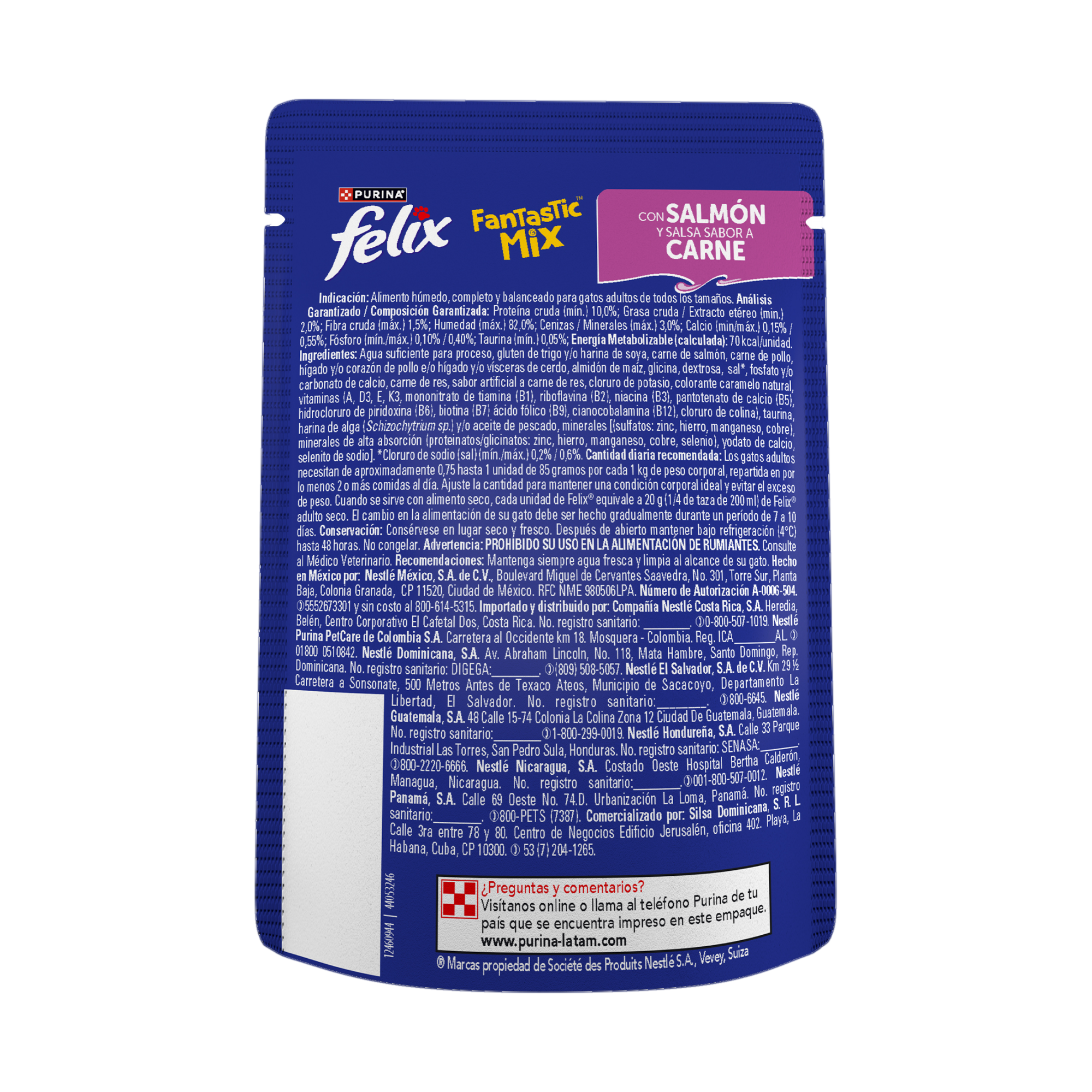 Empaque de Felix® Fantastic Mix con salmón y salsa sabor carne para gatos, vista posterior