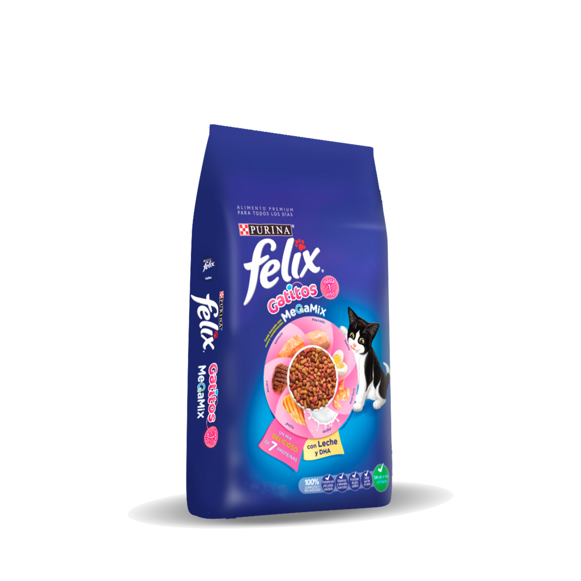 Empaque de Felix® Megamix para gatito sabor atún, pavo, camarón, leche, pollo, carne y salmón, vista frontal