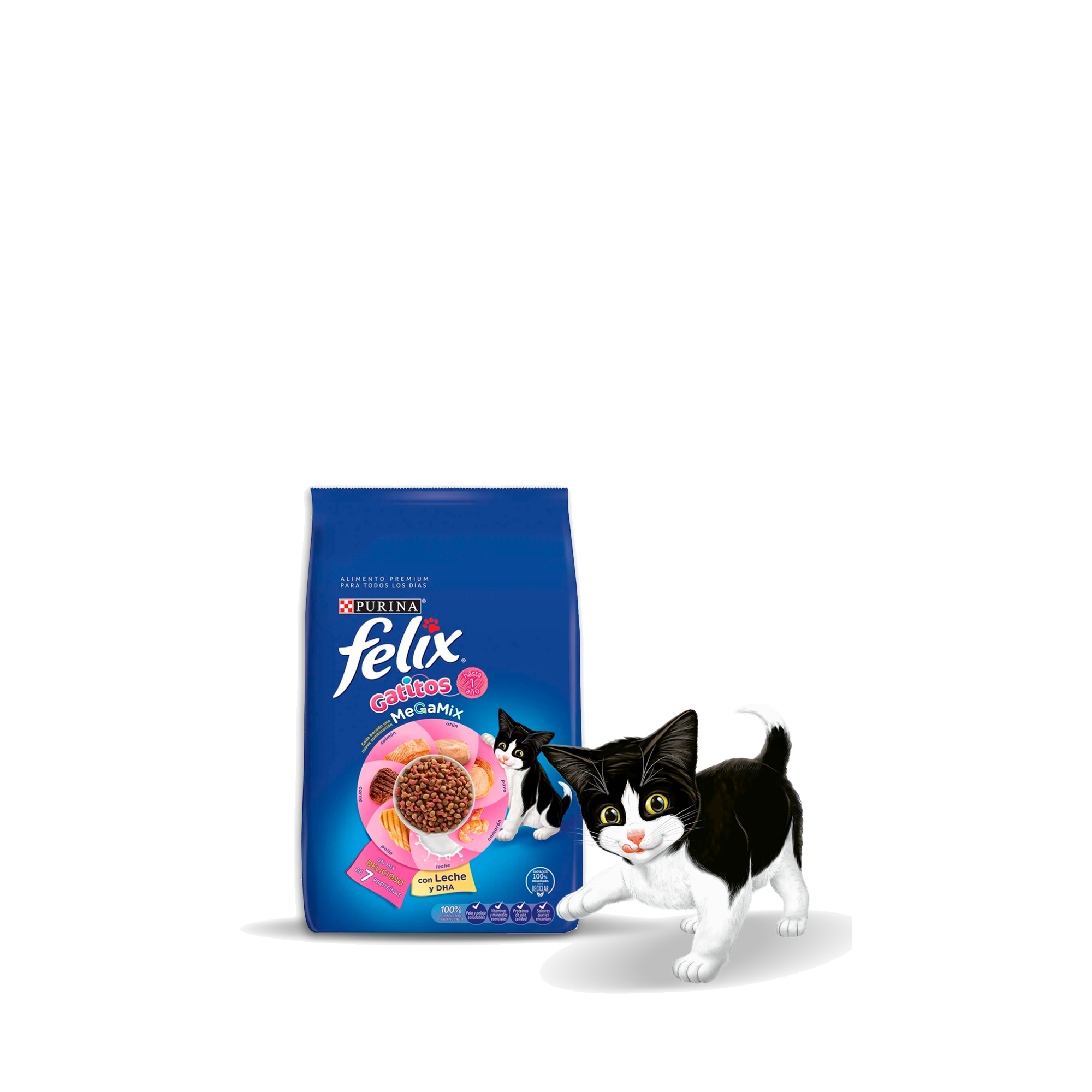 Empaque de Felix® Megamix para gatito sabor atún, pavo, camarón, leche, pollo, carne y salmón, vista frontal