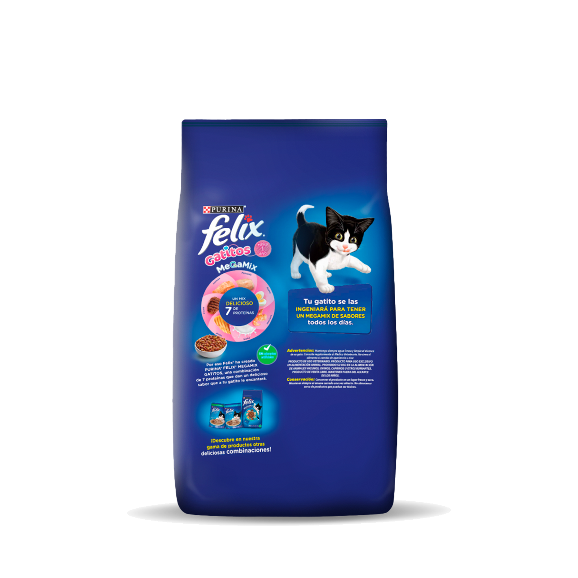 Empaque de Felix® Megamix para gatito sabor atún, pavo, camarón, leche, pollo, carne y salmón, vista lateral