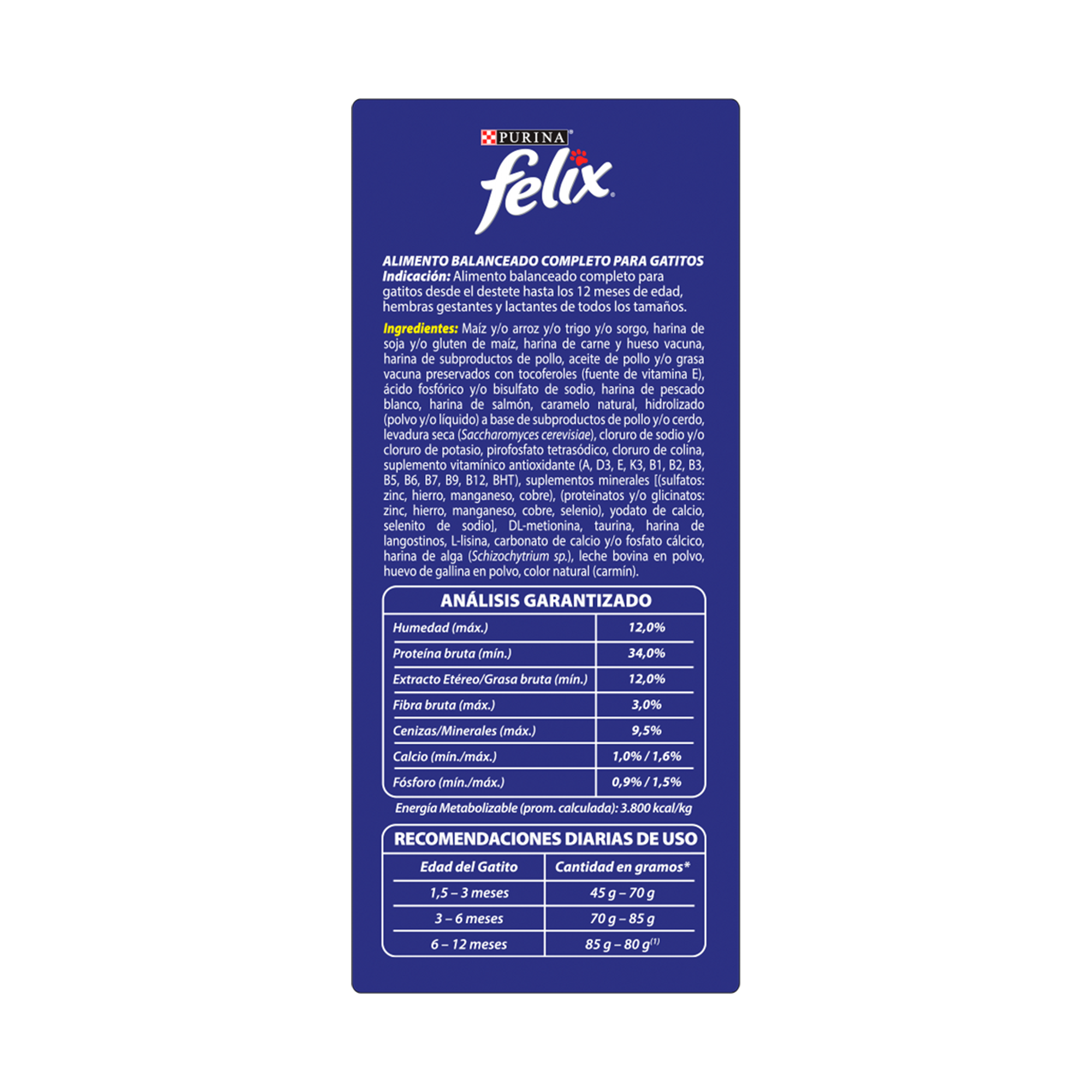 Empaque de Felix® Megamix para gatito sabor atún, pavo, camarón, leche, pollo, carne y salmón, vista posterior