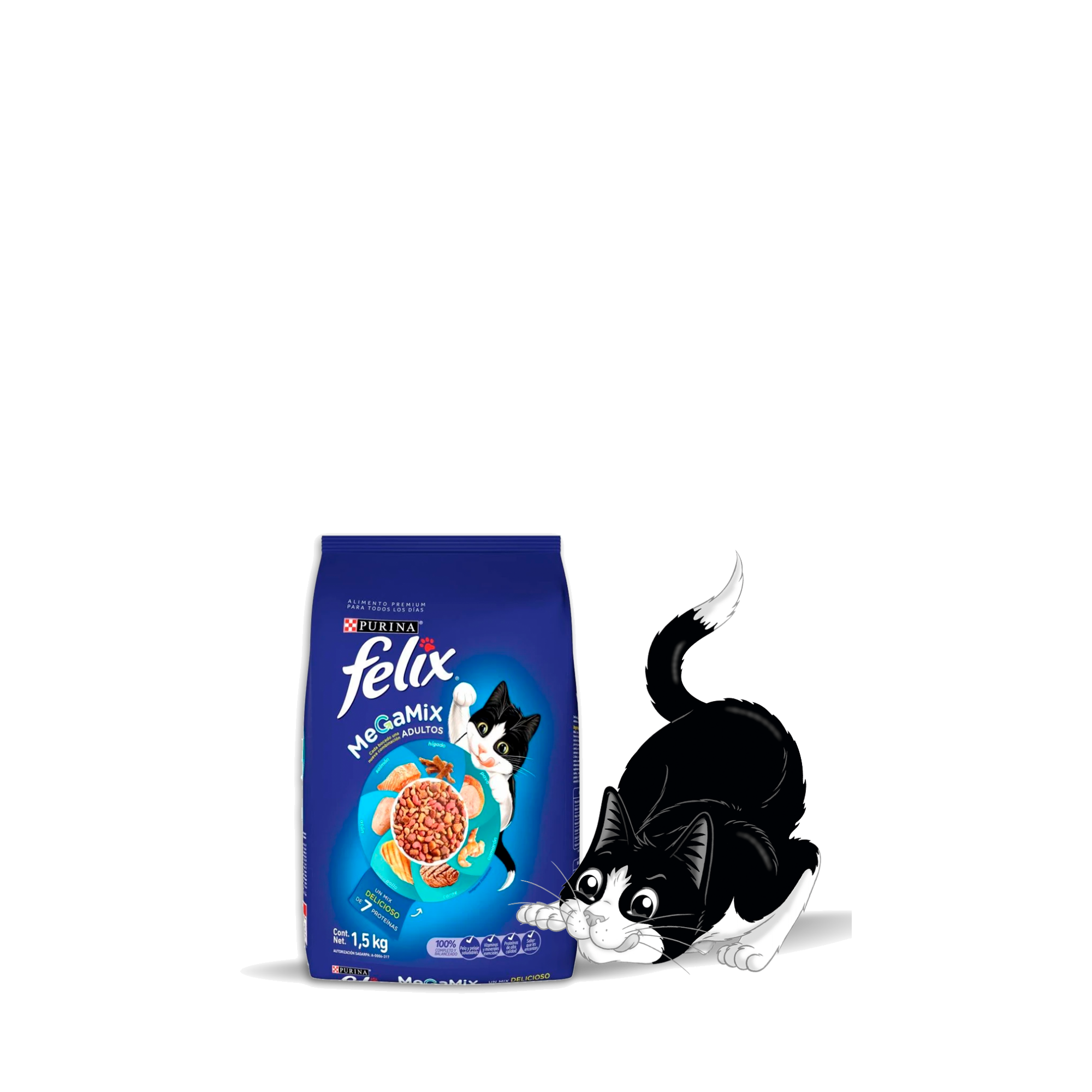 Empaque de Felix® Megamix para gato sabor pollo, atún, salmón, hígado, pavo, carne y camarón, vista frontal