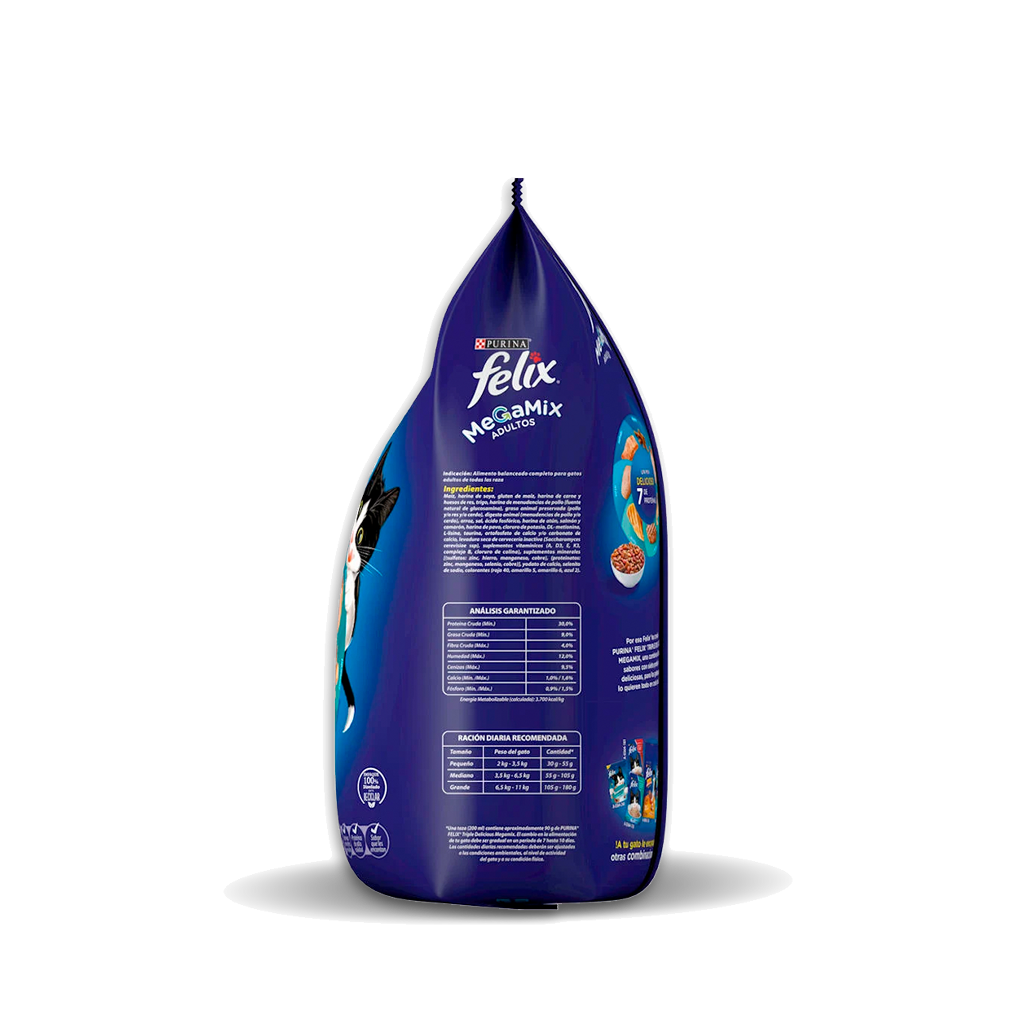 Empaque de Felix® Megamix para gato sabor pollo, atún, salmón, hígado, pavo, carne y camarón, vista lateral