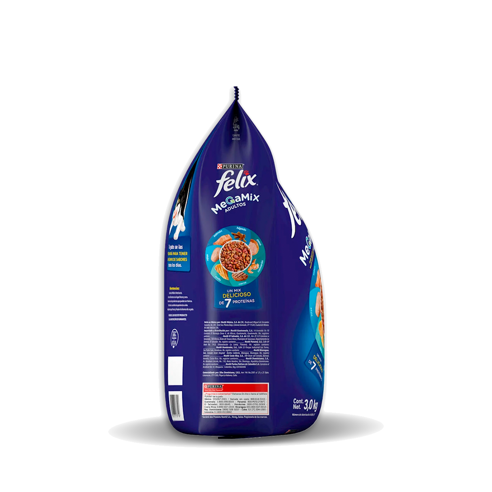 Empaque de Felix® Megamix para gato sabor pollo, atún, salmón, hígado, pavo, carne y camarón, vista lateral