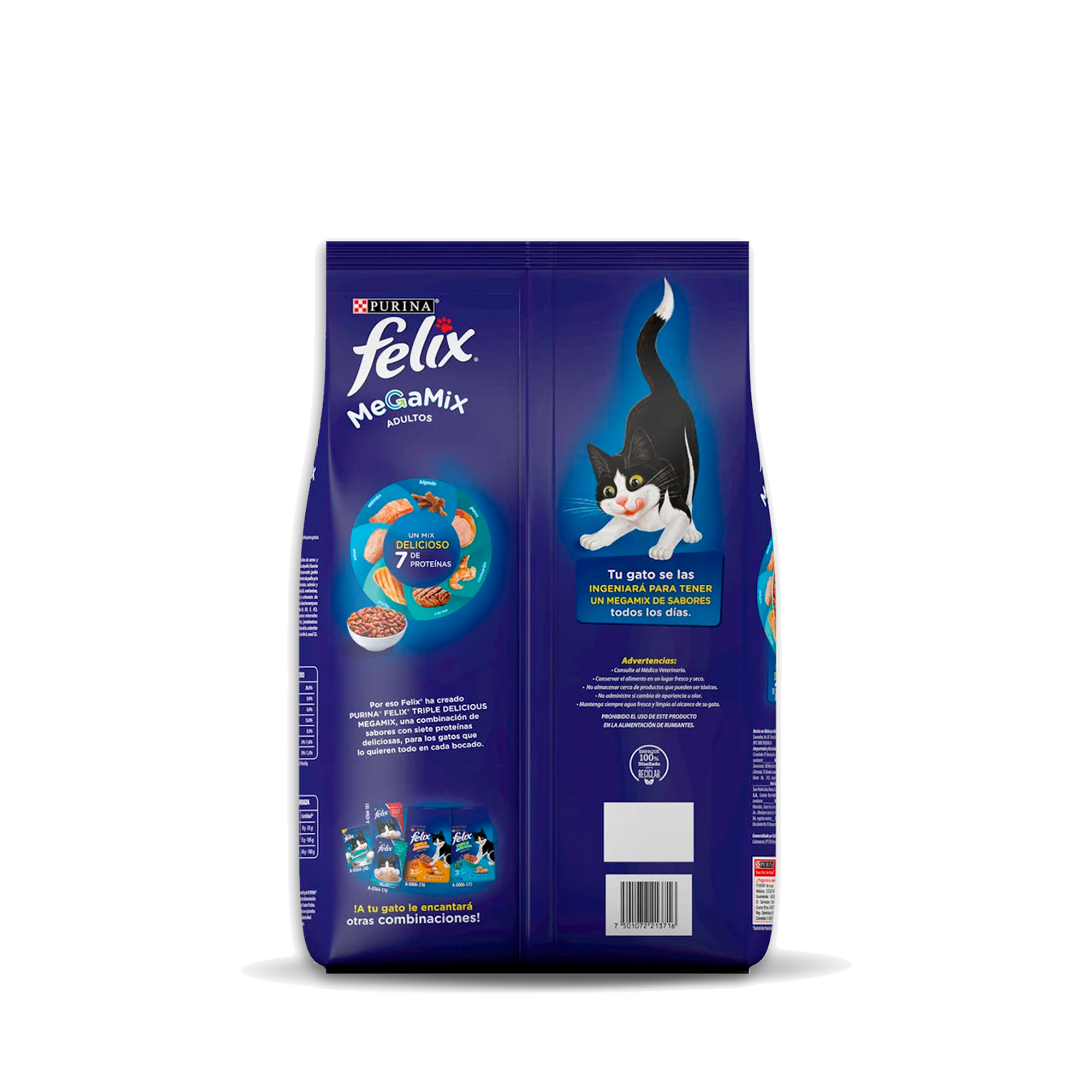 Empaque de Felix® Megamix para gato sabor pollo, atún, salmón, hígado, pavo, carne y camarón, vista posterior