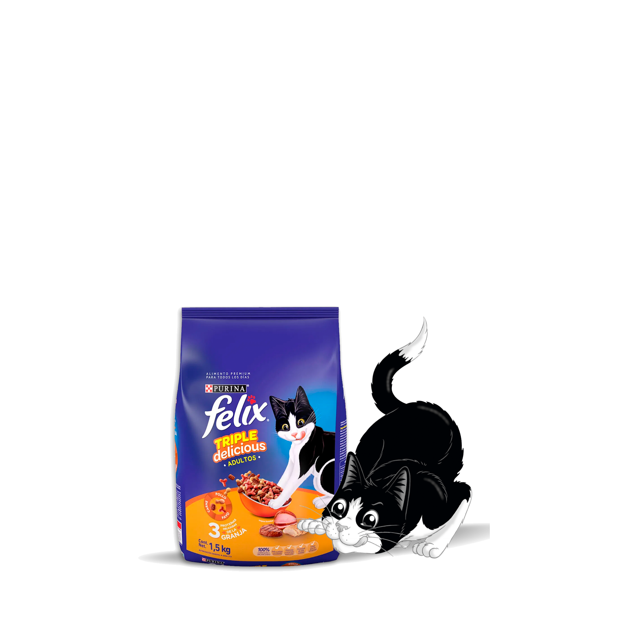 Empaque de Felix® Triple Delicious Granja para gato sabor pollo, carne y pavo, vista frontal