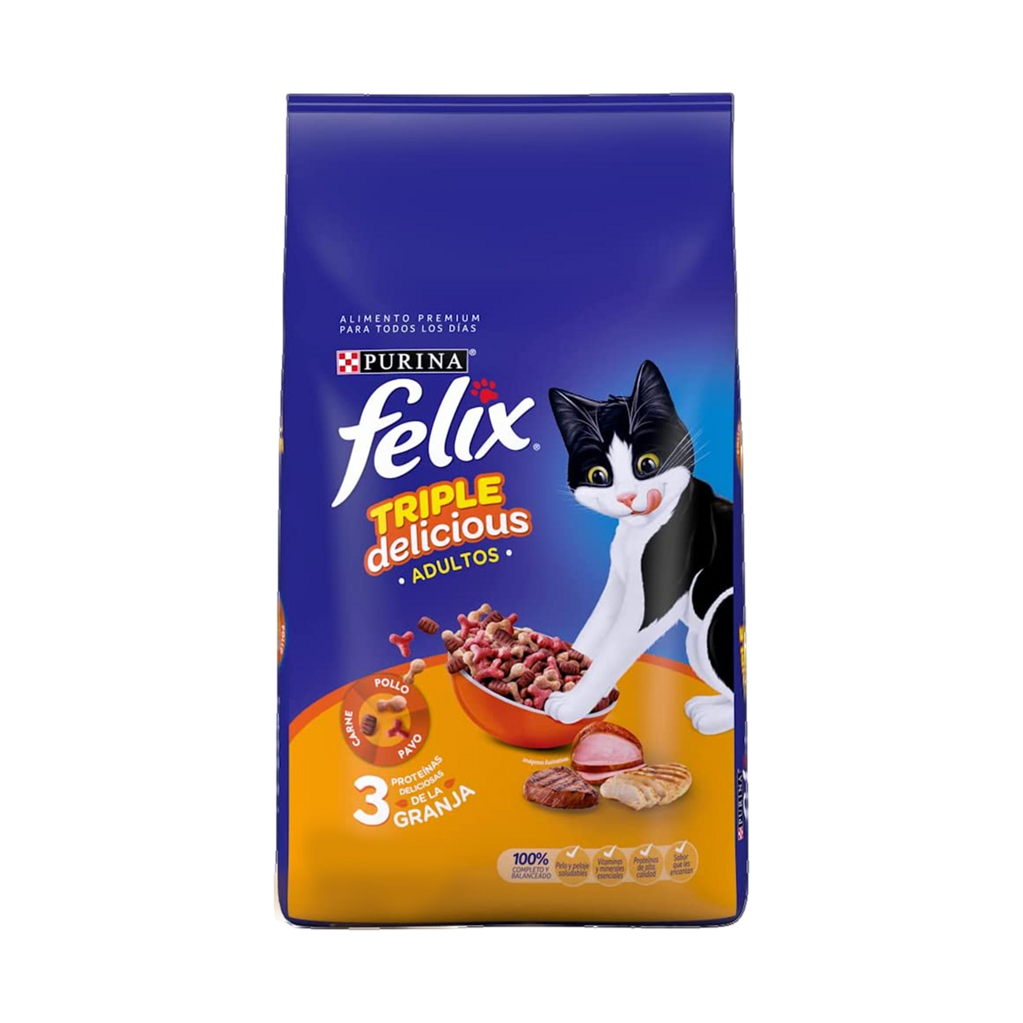 Empaque de Felix® Triple Delicious Granja para gato sabor pollo, carne y pavo, vista frontal