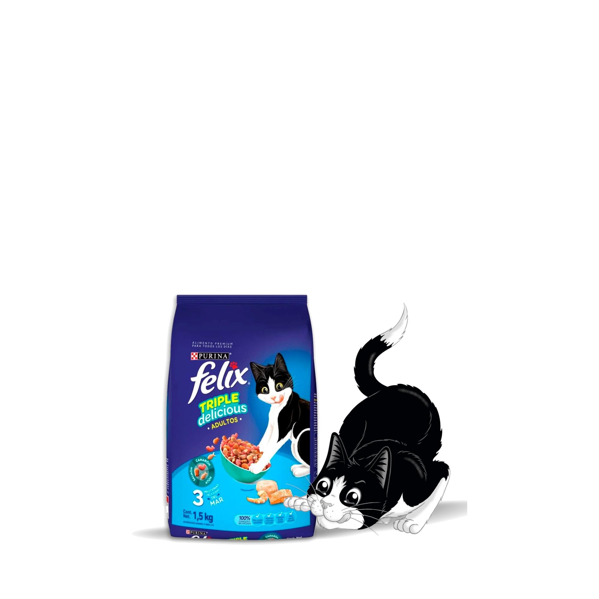 Empaque de Felix® Triple Delicious Mar para gato sabor salmón, atún y camarón, vista frontal