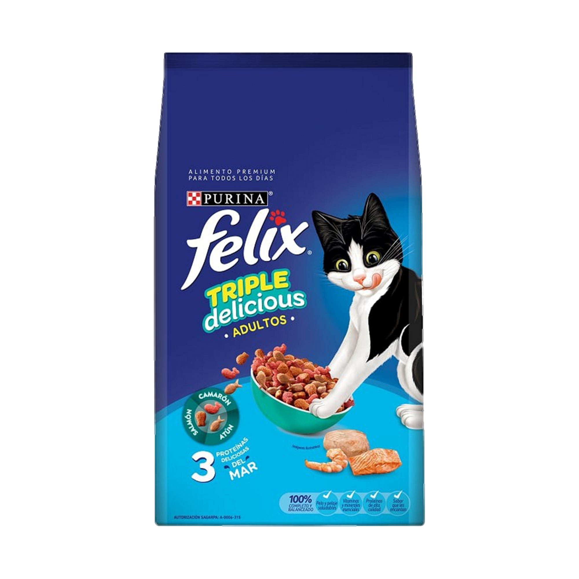 Empaque de Felix® Triple Delicious Mar para gato sabor salmón, atún y camarón, vista frontal