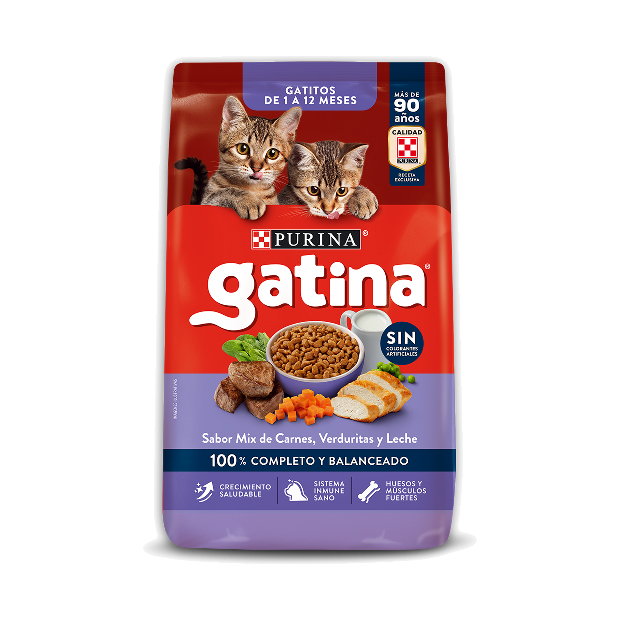 Empaque de Gatina gatitos sabor carnes, verduritas y leche, vista frontal