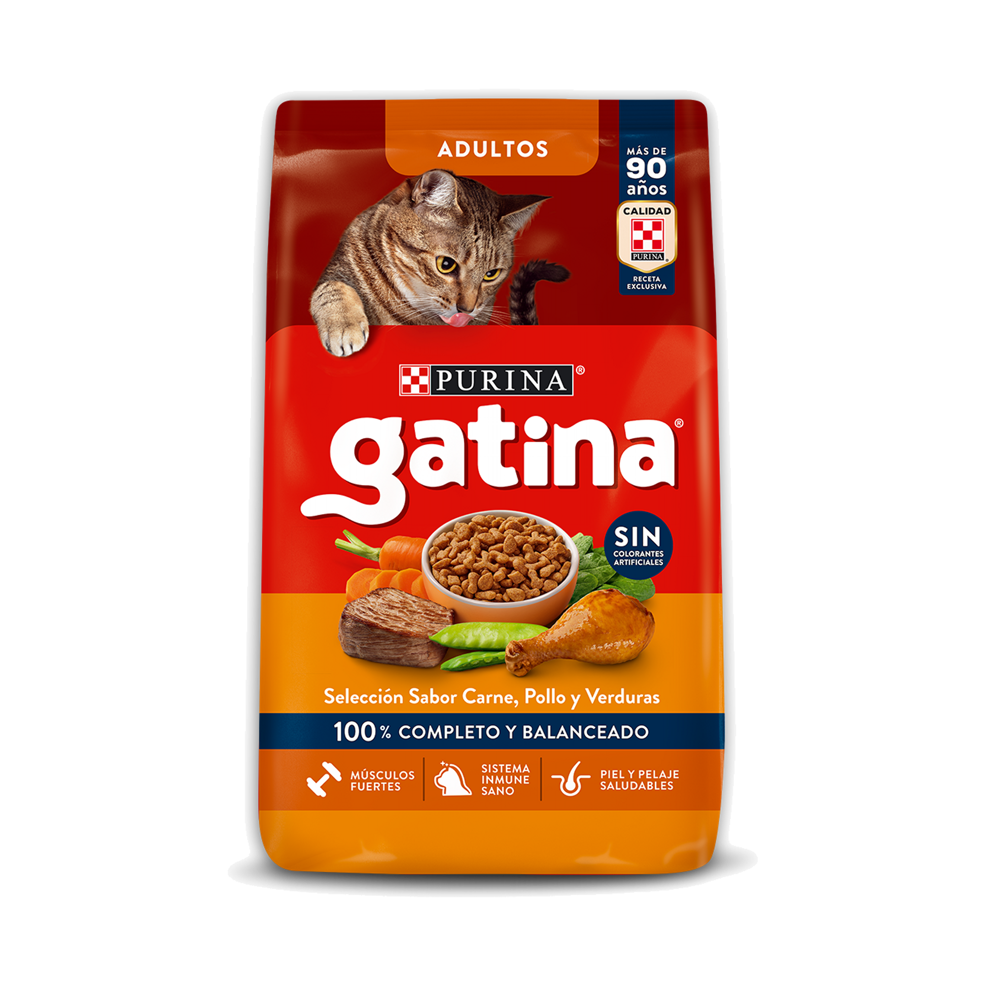 Empaque de Gatina gatos adultos carne, pollo y verduras, vista frontal