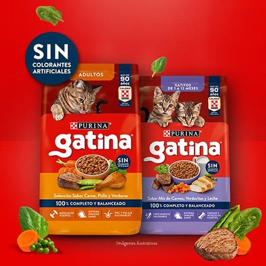 Empaques de alimento Purina® Gatina® para gatos adultos y gatitos, sin colorantes artificiales