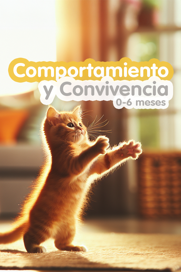 Gatito naranja jugando de pie con las patas en alto dentro de casa.