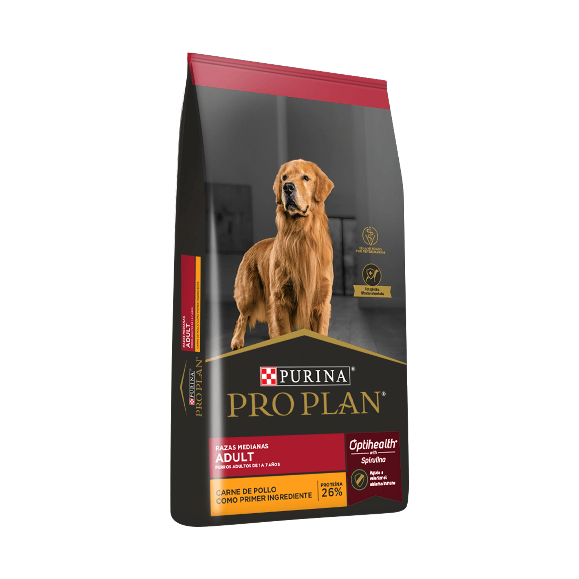 Empaque de Pro Plan® Adulto Razas Medianas con Optihealth® Sabor Pollo, vista lateral