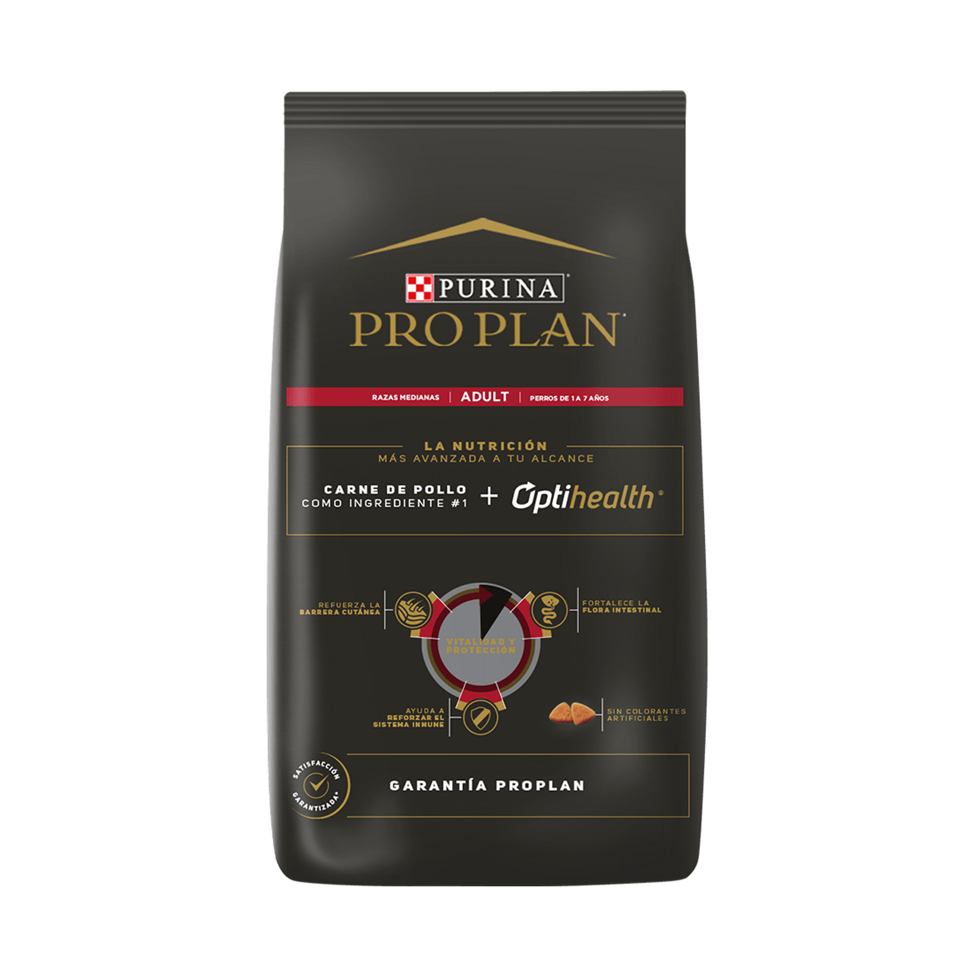 Empaque de Pro Plan® Adulto Razas Medianas con Optihealth® Sabor Pollo, vista posterior