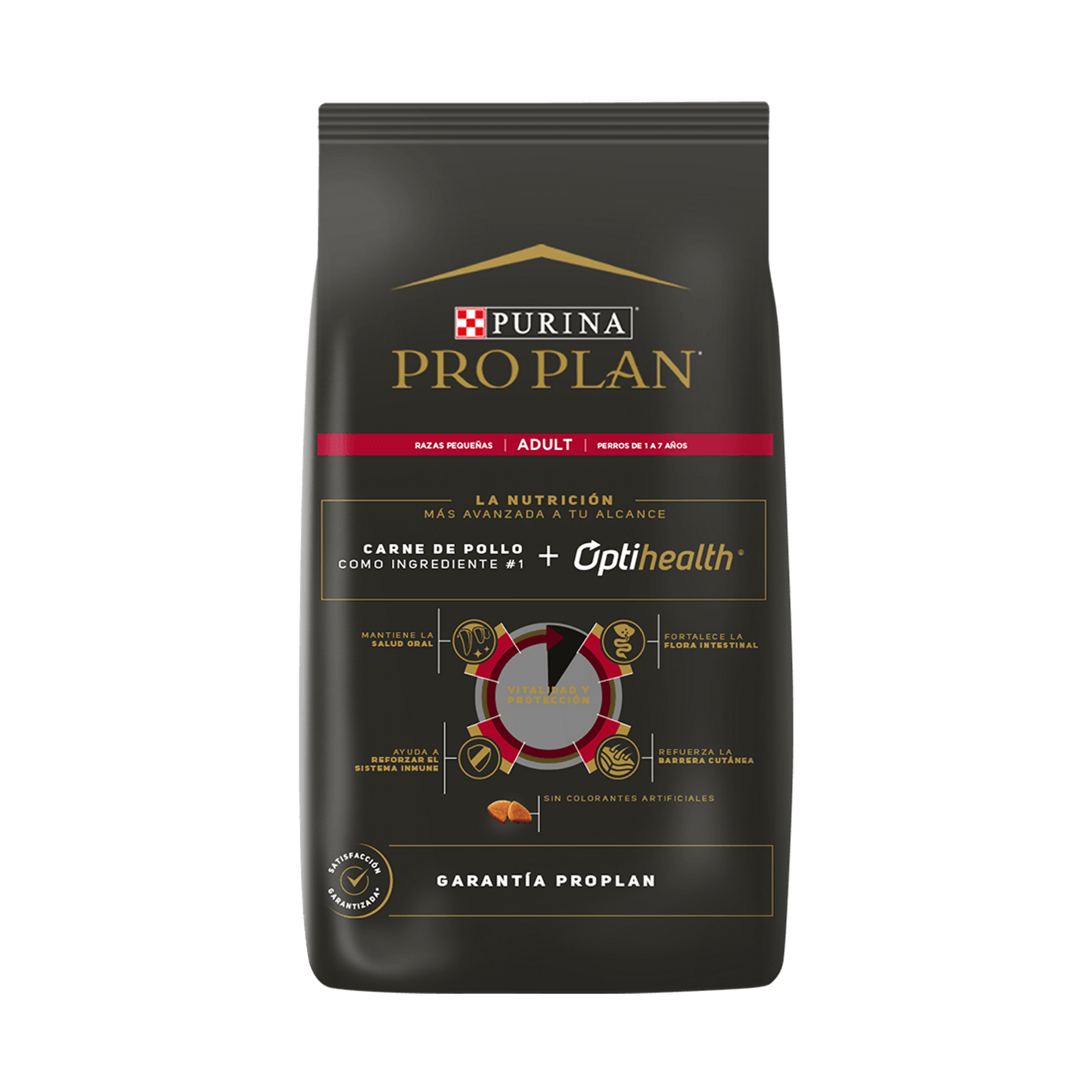 Empaque de Pro Plan® Adulto Razas Pequeñas con Optihealth® Sabor Pollo, vista posterior