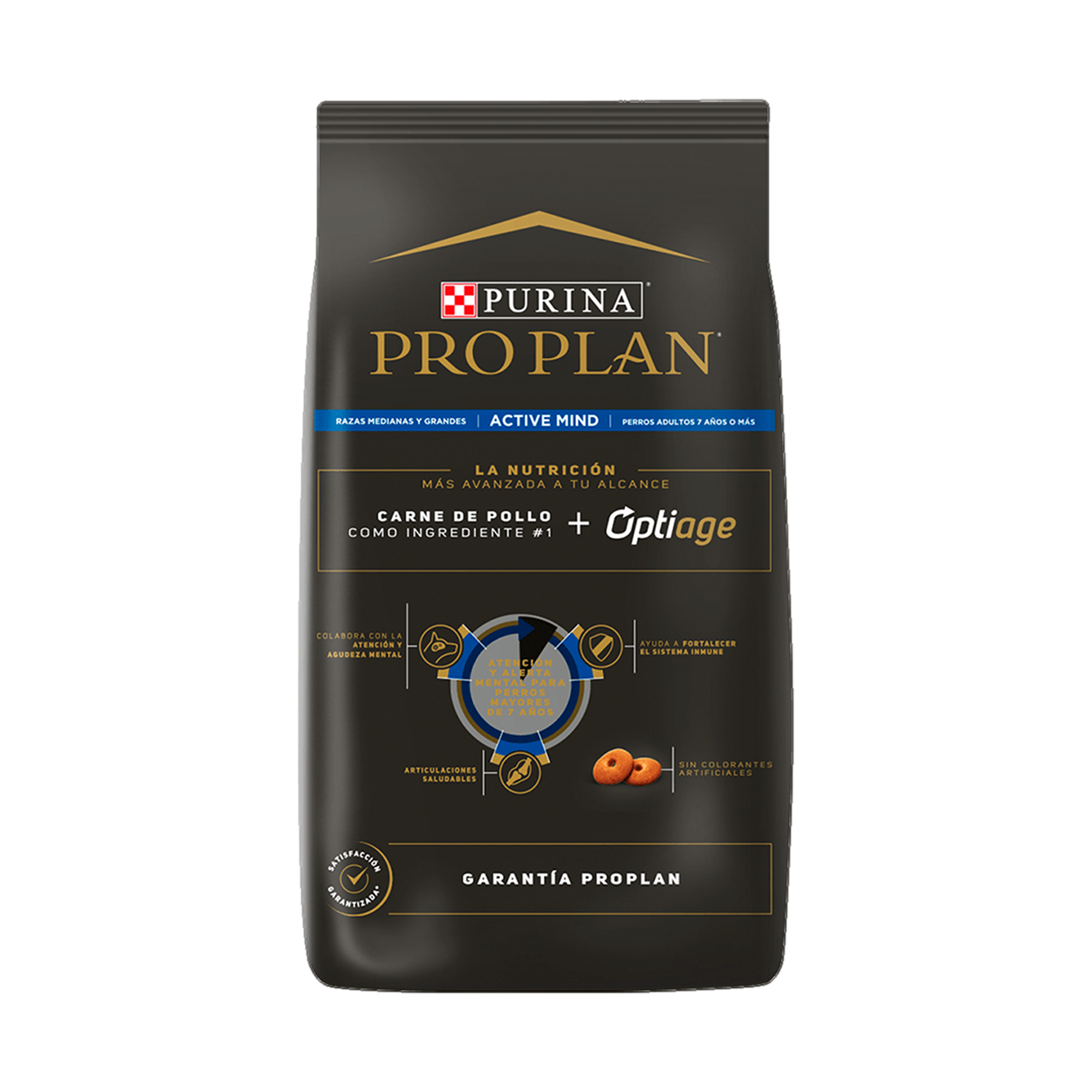 Empaque de Pro Plan® Adulto Senior Razas Medianas con Optiage® Sabor Pollo, vista posterior
