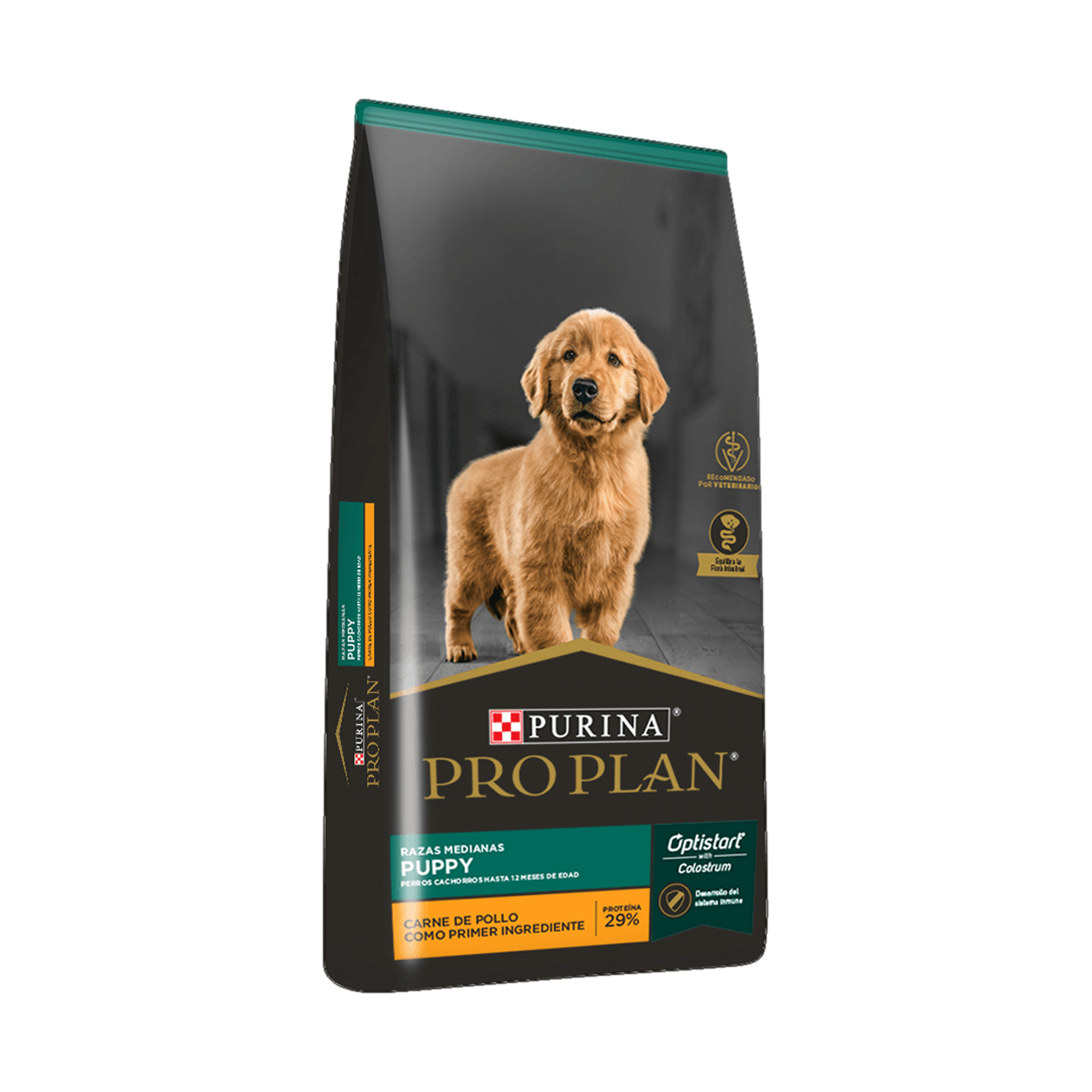 Empaque de Pro Plan® Cachorro Razas Medianas con Optistart® Sabor Pollo, vista lateral
