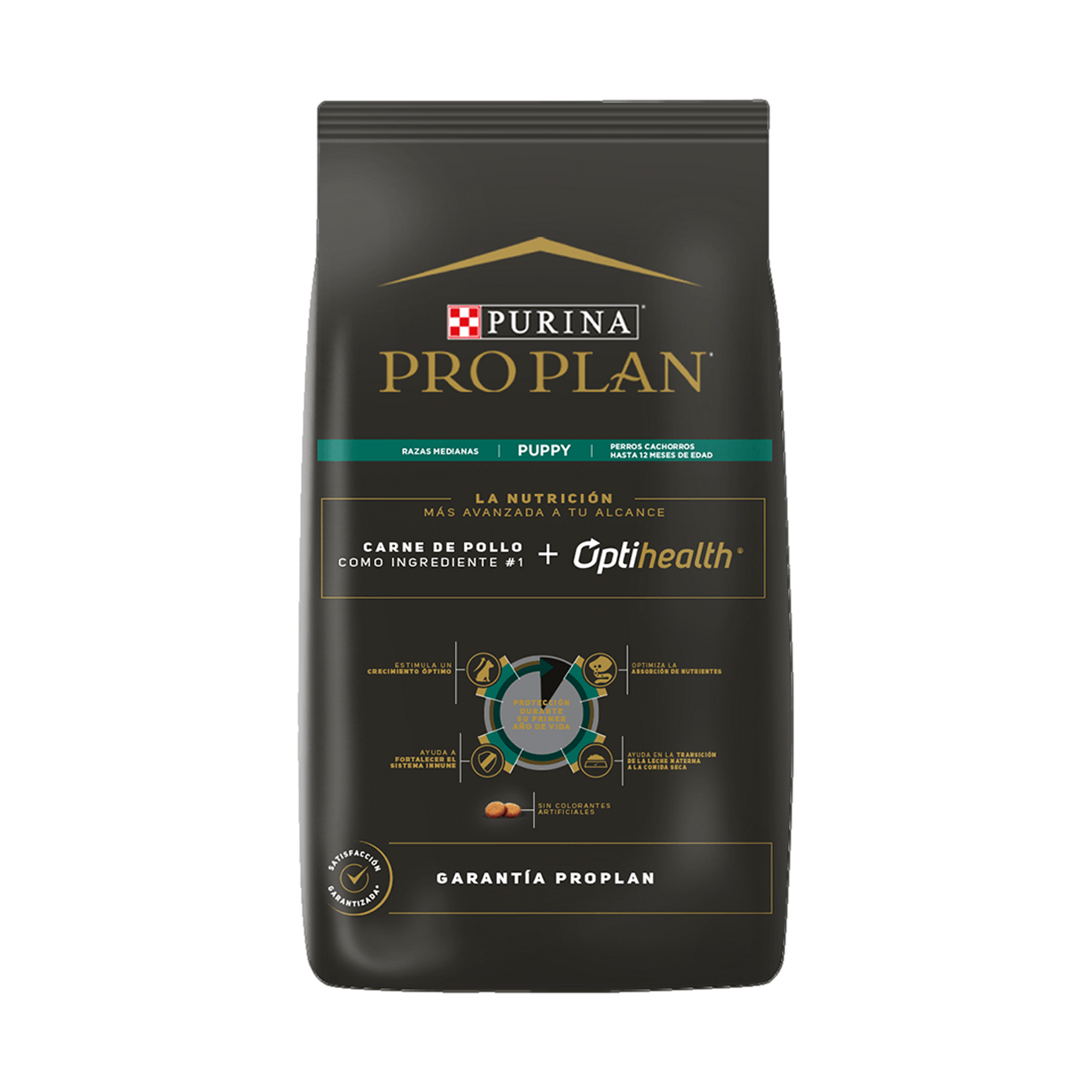 Empaque de Pro Plan® Cachorro Razas Medianas con Optistart® Sabor Pollo, vista posterior