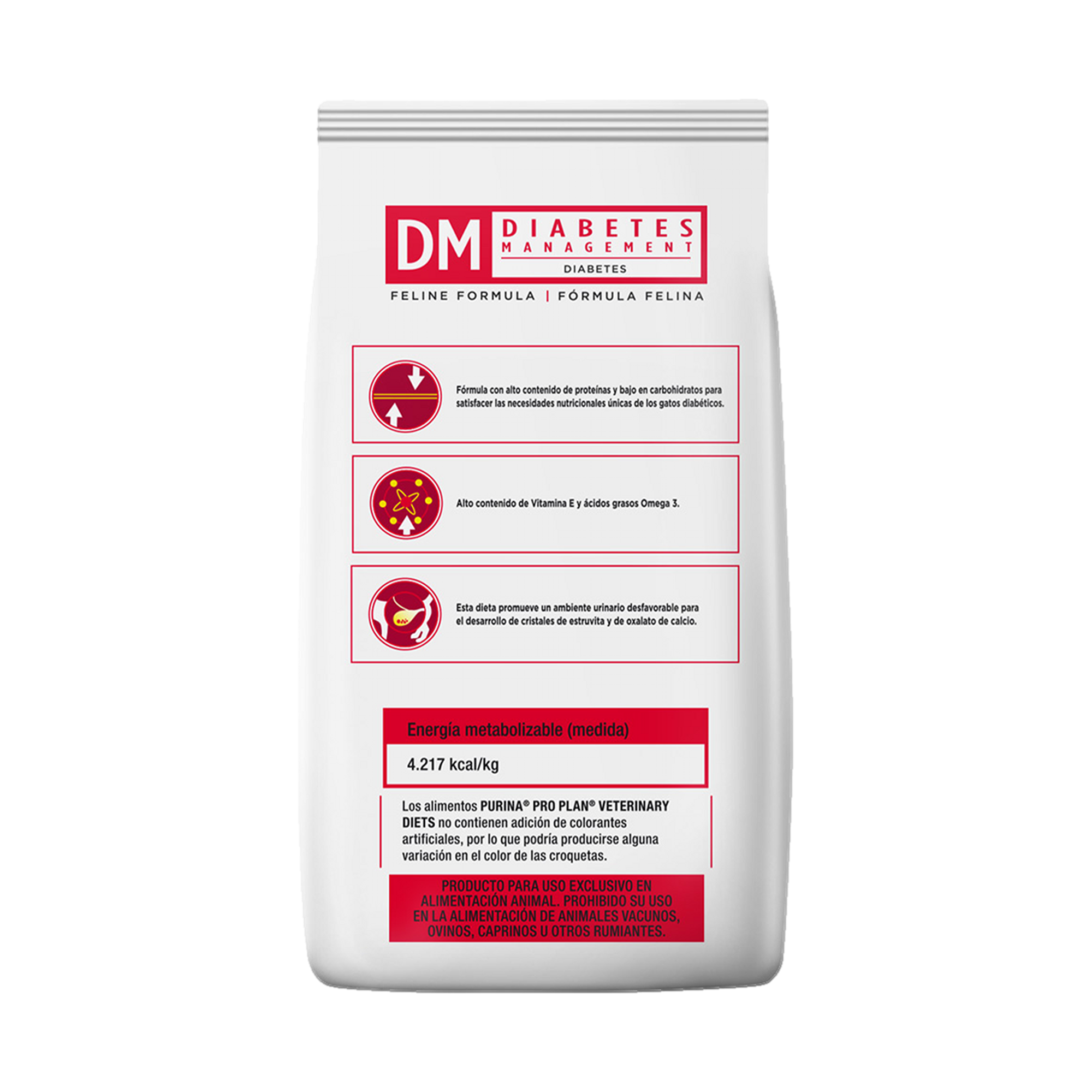 Empaque de Pro Plan DM gato para control diabetes, vista posterior