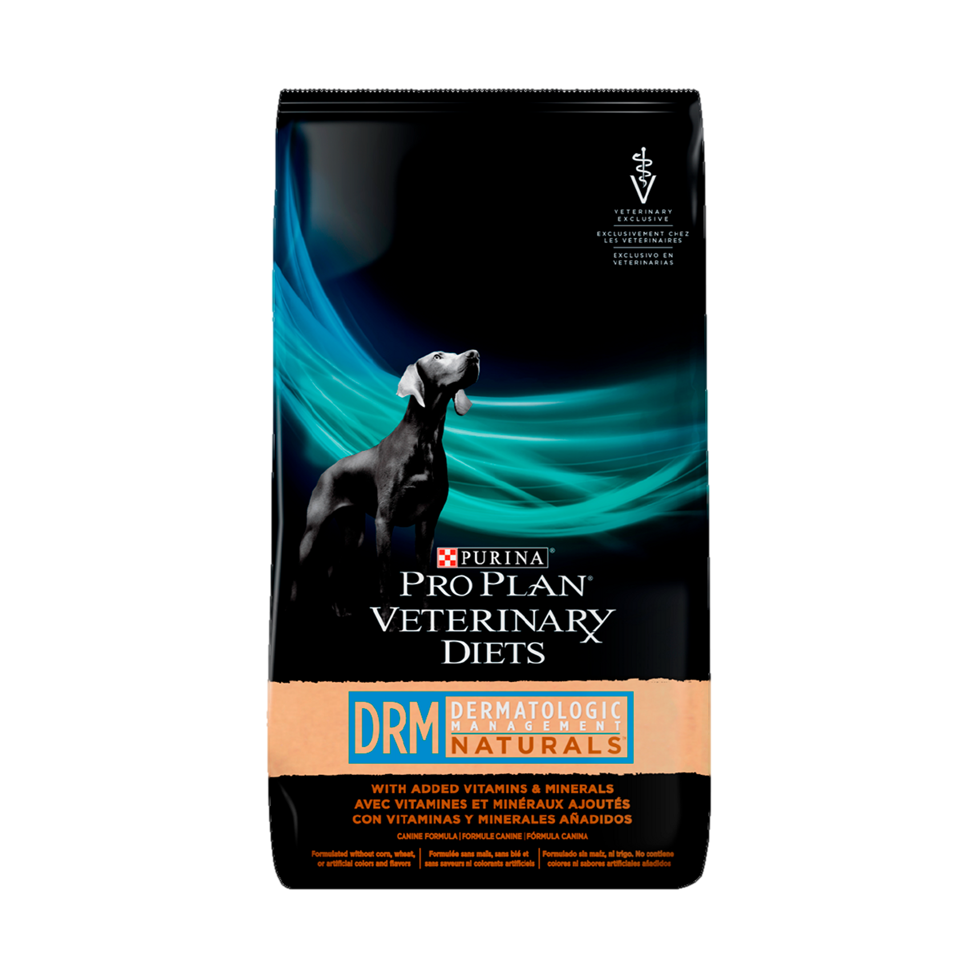 Empaque de Pro Plan DRM dermatológic™ management naturals™ Veterinary Diets, vista frontal