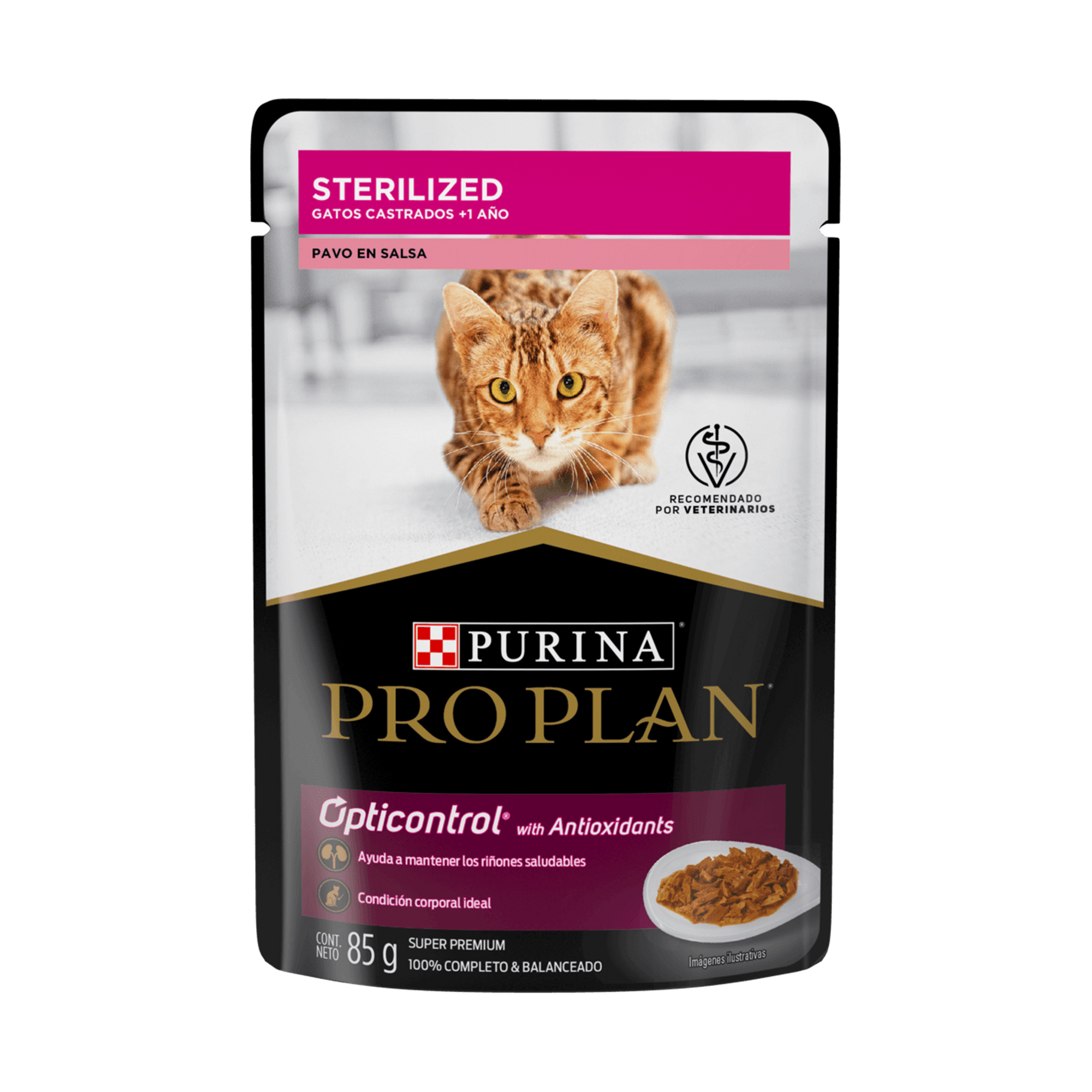 Empaque de Pro Plan esterilizados pavo EN salsa para gatos, vista frontal