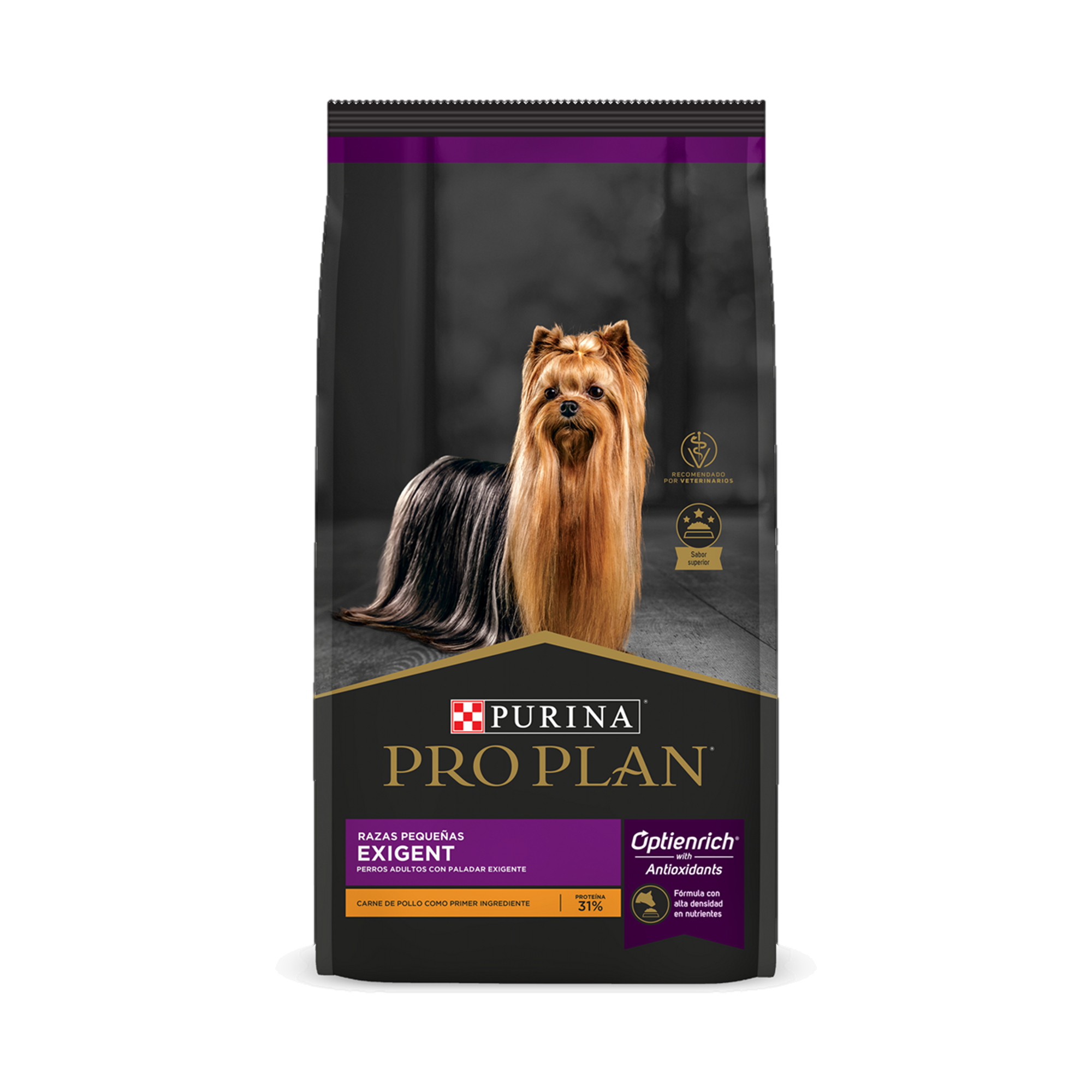 Empaque de Pro Plan® Exigent Adulto Razas Pequeñas con Optifit® Sabor Pollo, vista frontal