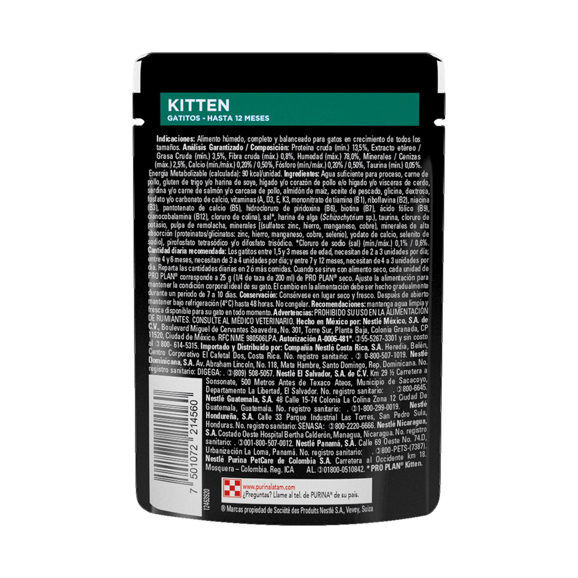 Empaque de Pro Plan® Gatito con Optistart® Sobre Sabor Pollo, vista posterior