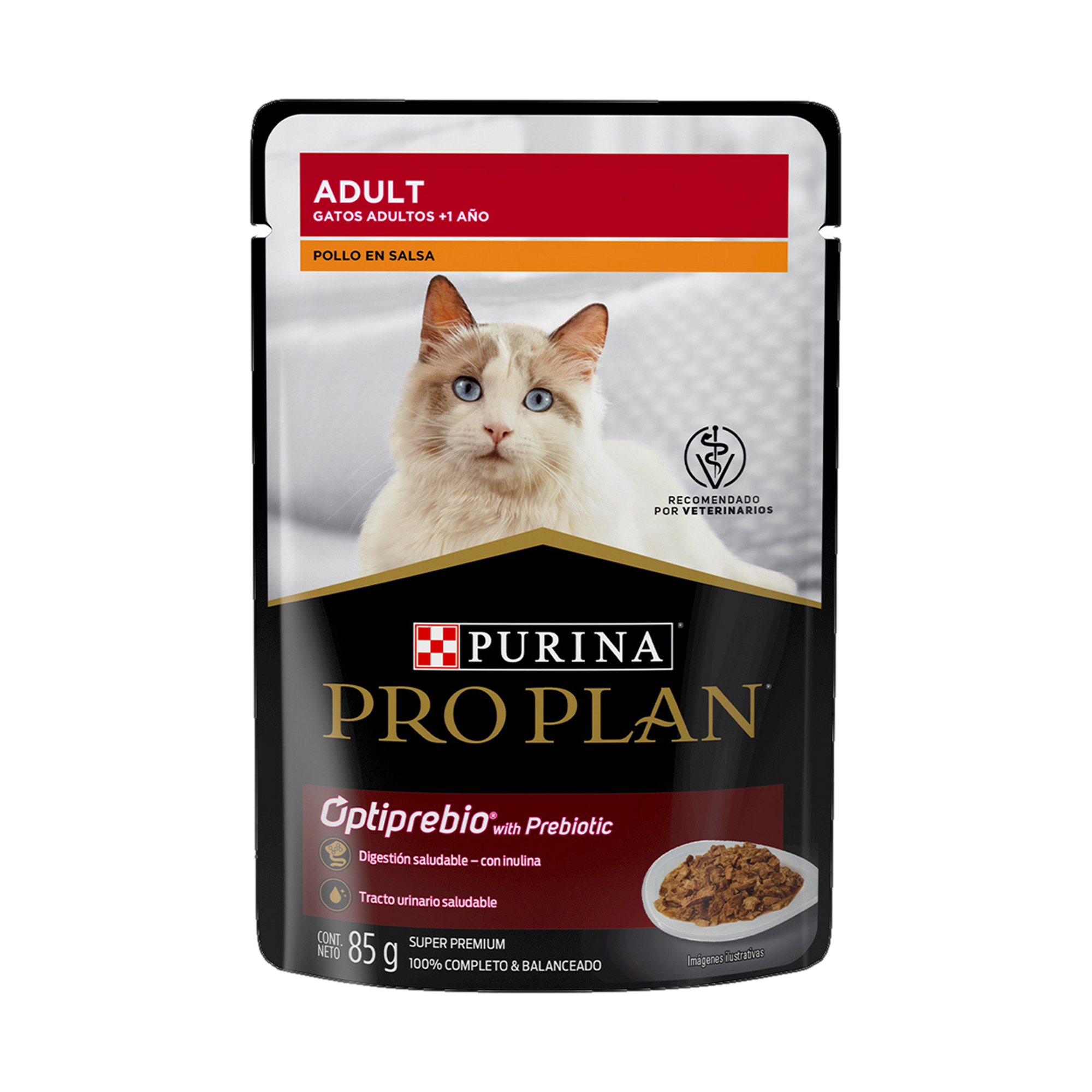 Empaque de Pro Plan® Gato Adulto con Optiprebio® Sobre Sabor Pollo, vista frontal