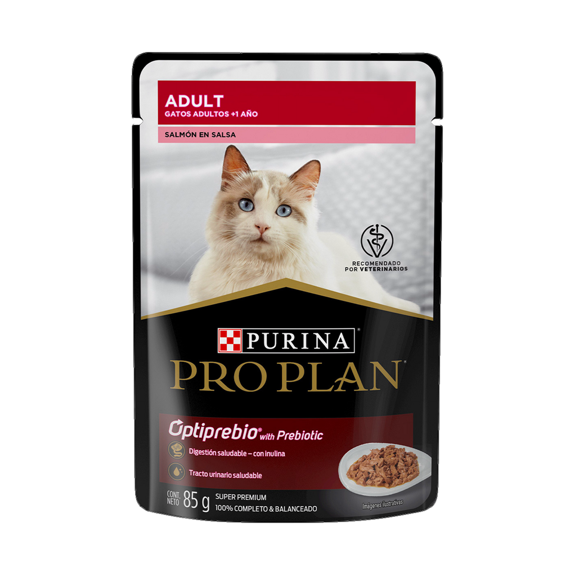Empaque de Pro Plan® Gato Adulto con Optiprebio® Sobre Sabor Salmón, vista frontal