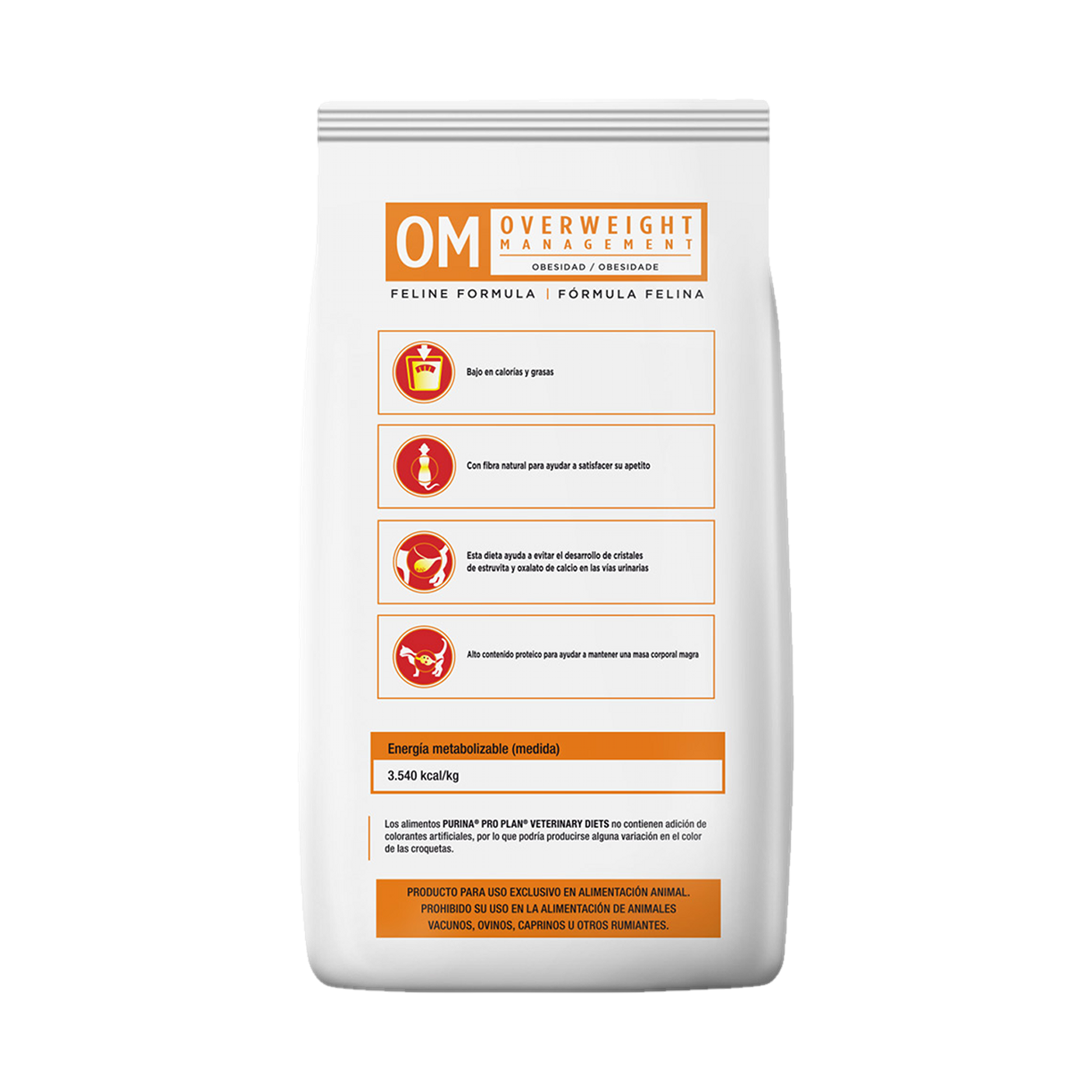 Empaque de Pro Plan OM gato overweight management seco, vista posterior