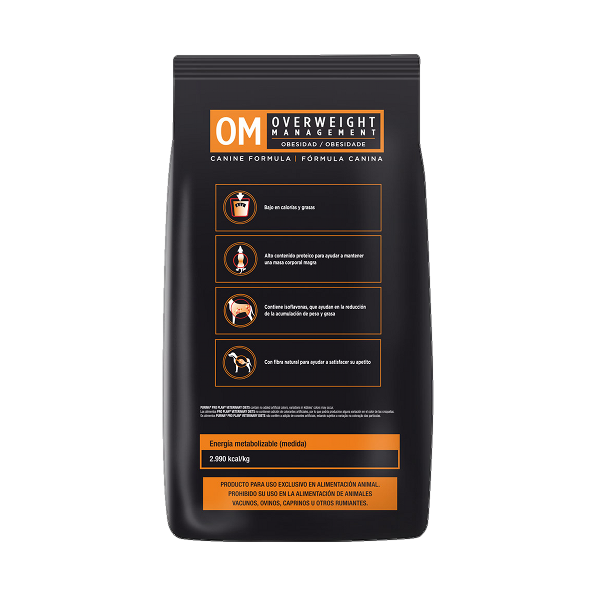 Empaque de Pro Plan OM para perros con obesidad, vista posterior